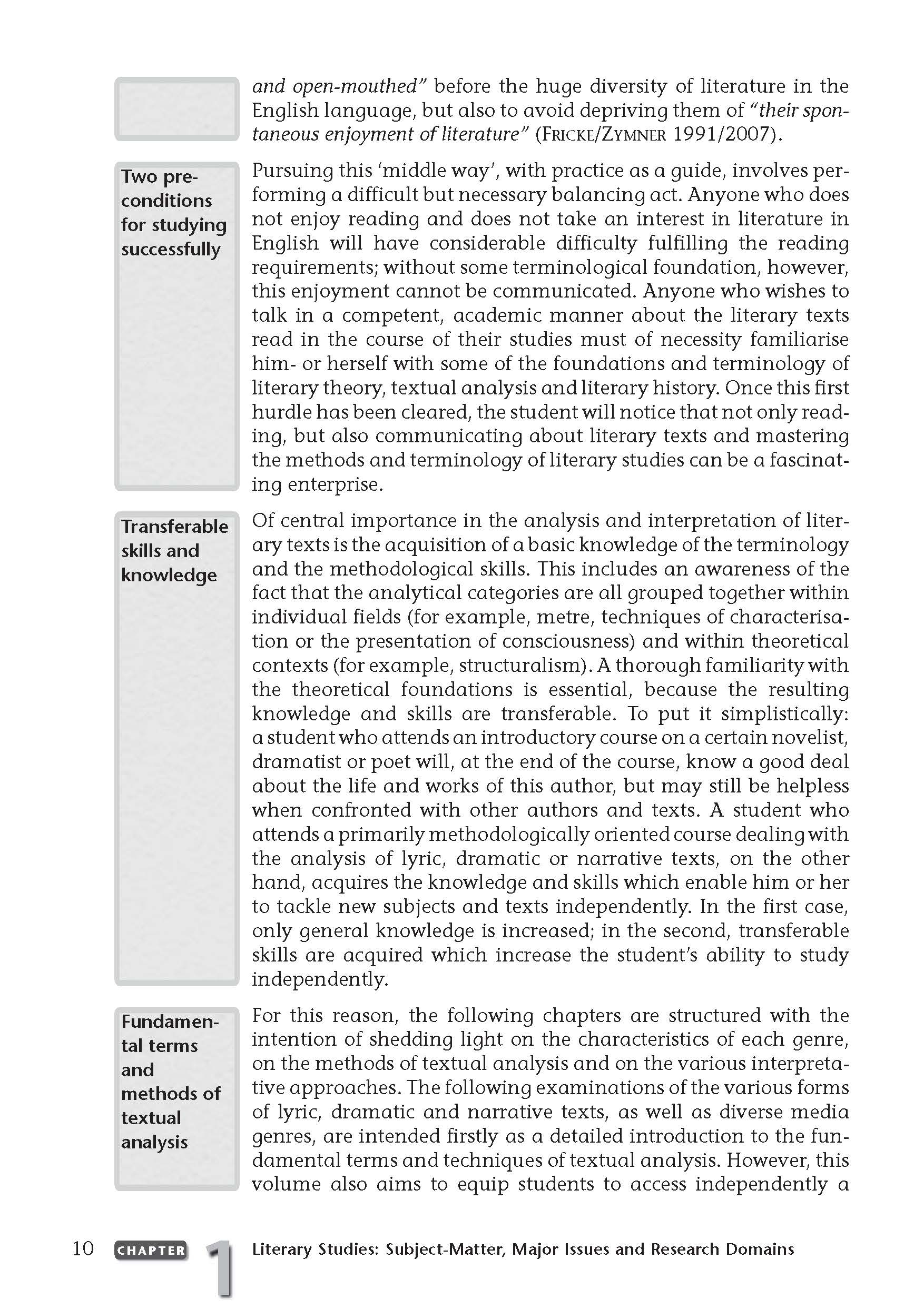Lehrbuchseite mit kastenförmigen Abschnitten, die zwei Voraussetzungen für ein erfolgreiches Studium, übertragbare Fähigkeiten und Kenntnisse sowie grundlegende bereichsspezifische Kenntnisse und Fähigkeiten hervorheben.