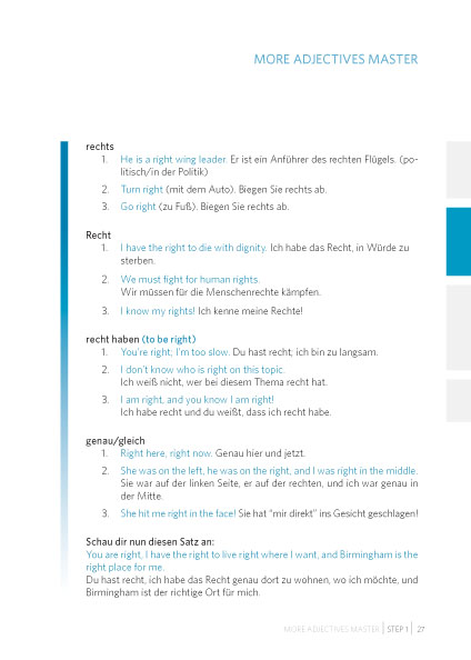 Eine Lehrbuchseite mit dem Titel MORE ADJECTIVES MASTER zeigt englische und deutsche Redewendungen mit Übersetzungen und Beispielsätzen, die sich auf Adjektive und Richtungen konzentrieren.