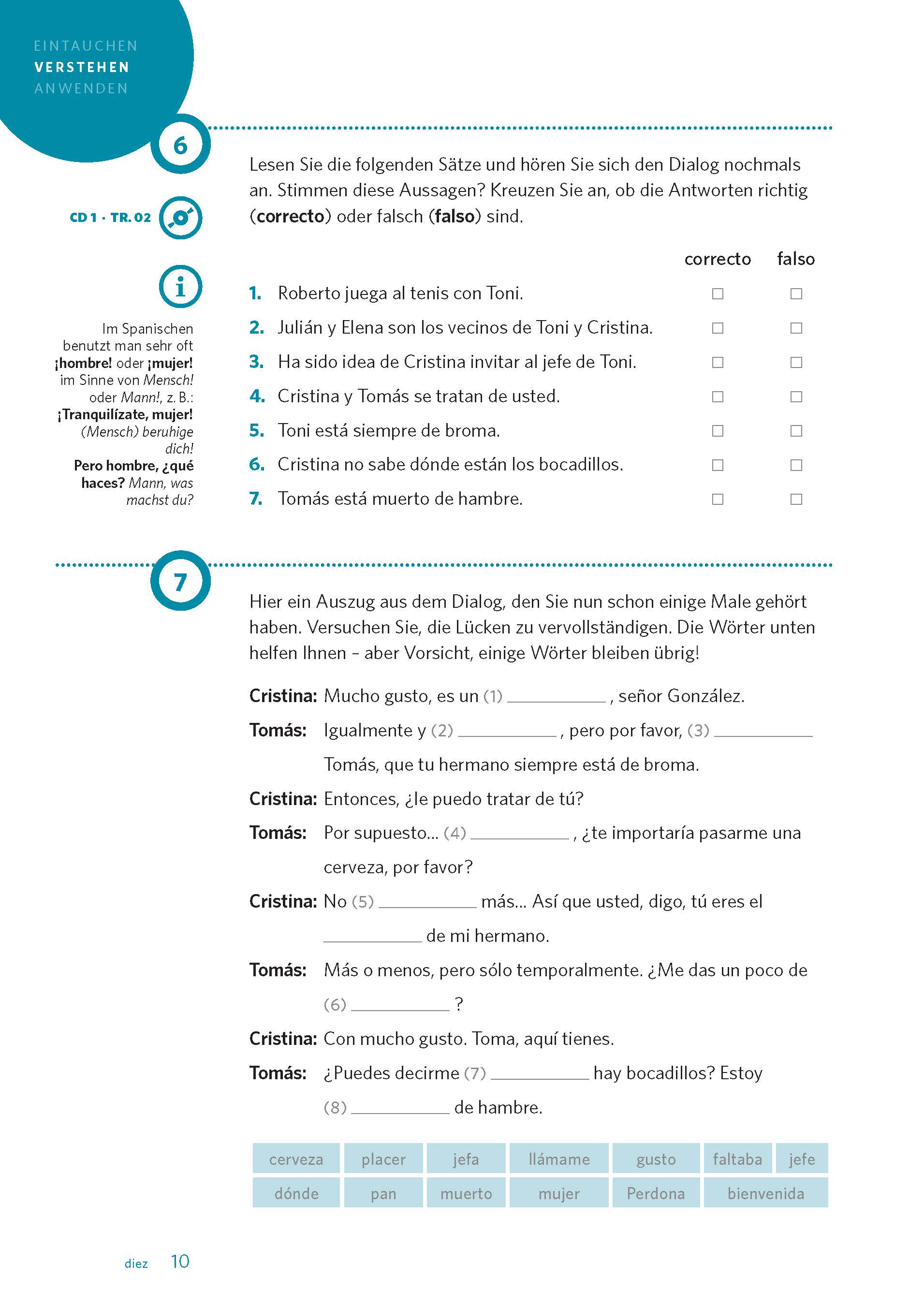 Eine Seite des Arbeitsbuchs für die deutsche Sprache enthält Übungen zum Hörverstehen, Richtig-/Falsch-Fragen und Vokabeln zum Thema Freunde einladen und Pläne machen.