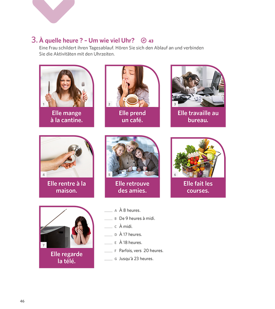 Ein Raster von sieben Fotos zeigt eine Frau bei alltäglichen Tätigkeiten: Essen, Kaffee trinken, arbeiten, nach Hause gehen, Freunde treffen, einkaufen und fernsehen. Französische Bildunterschriften beschreiben jede Aktivität.