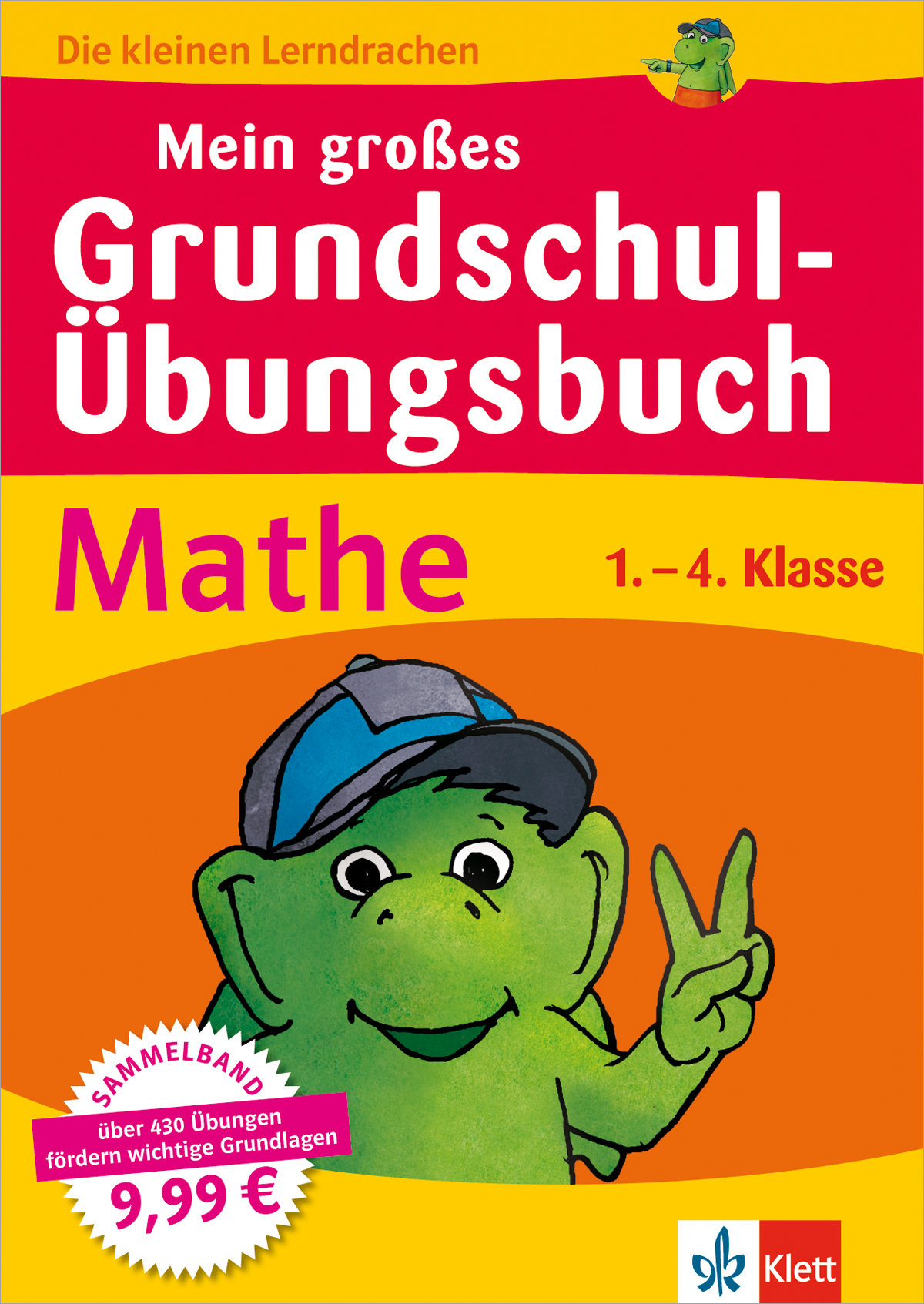 Buntes deutsches Schulbuch-Cover mit grünem Drachen-Maskottchen und fettgedrucktem Text, der besagt, dass es sich um ein von Klett herausgegebenes Mathe-Übungsbuch für die Grundschulklassen 1-4 handelt.
