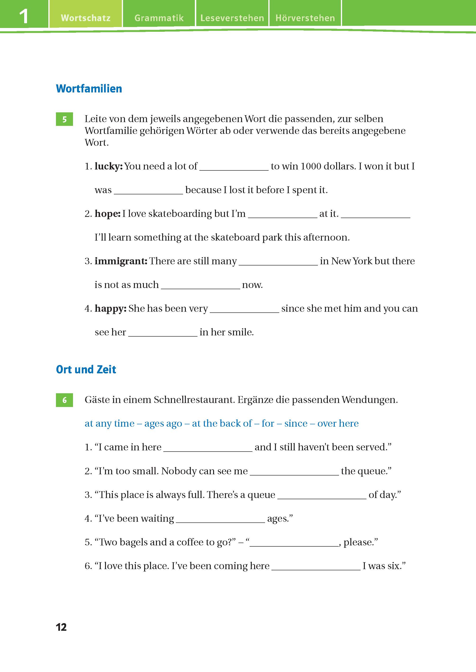 Eine Seite aus dem Lehrbuch der deutschen Sprache mit Vokabeln und Grammatikübungen zu Wortfamilien und Zeitausdrücken zum Ausfüllen. Das Layout enthält nummerierte Abschnitte und grüne Überschriften.