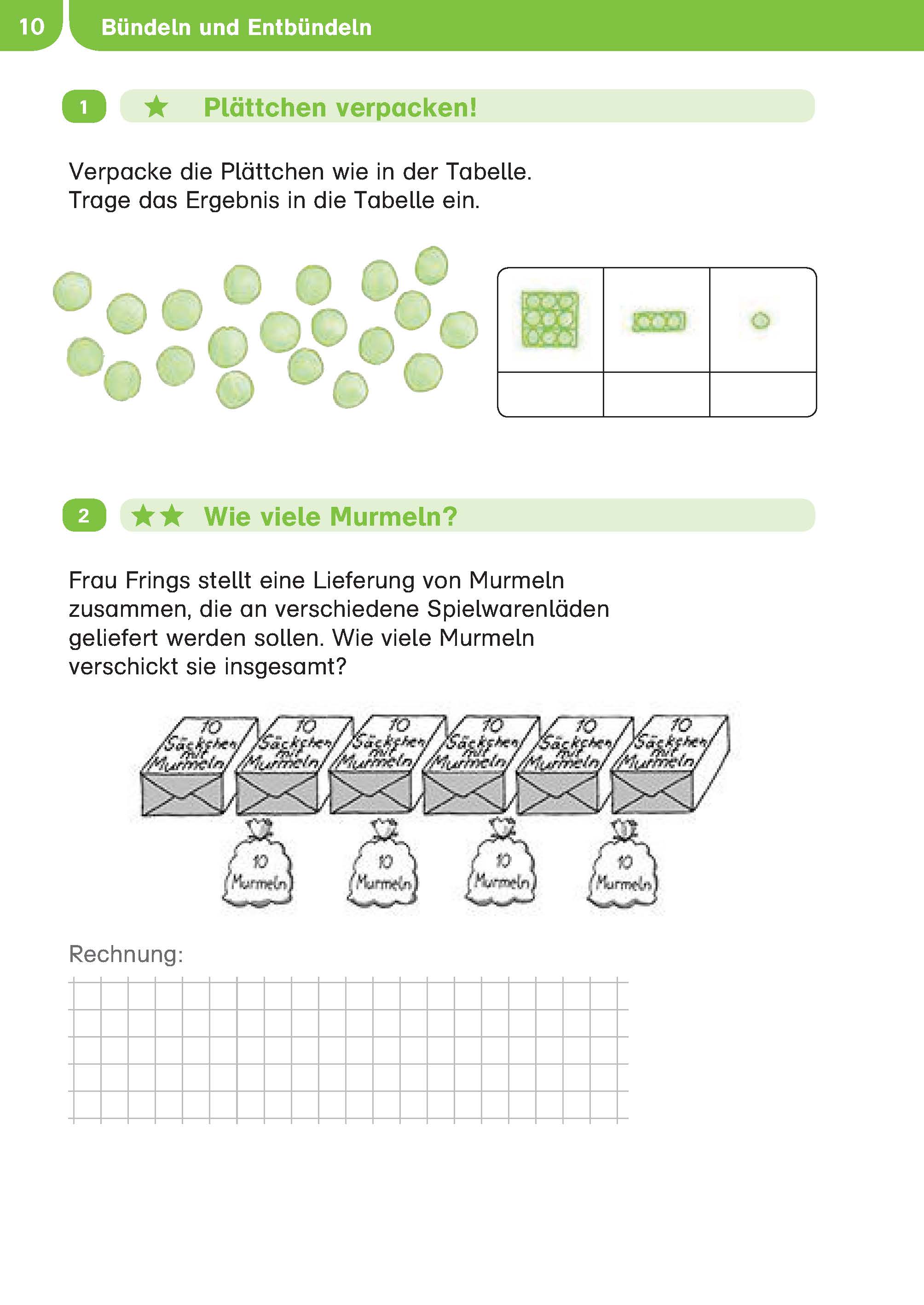 Ein Arbeitsblatt in deutscher Sprache mit zwei Übungen zum Zählen und Gruppieren von Murmeln, einschließlich Tabellen und Abbildungen von Murmeln in Zehner- und Einer-Gruppen.