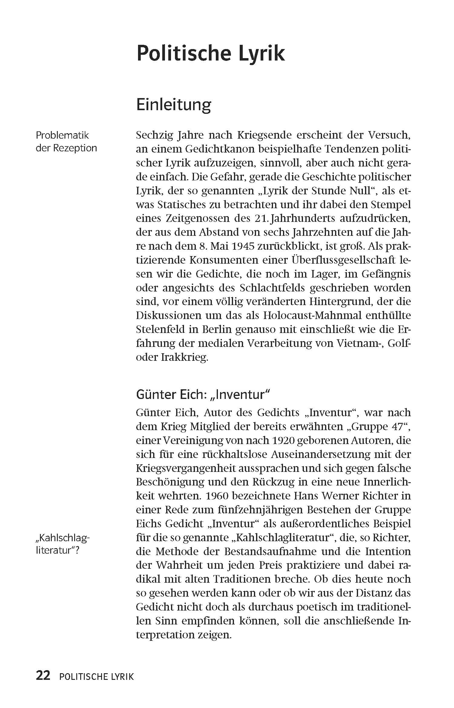 Eine deutschsprachige Lehrbuchseite zur politischen Lyrik mit Abschnitten zu Rezeptionsproblemen, einer Einführung und einem Schwerpunkt zu Günter Eichs Gedicht inventur.