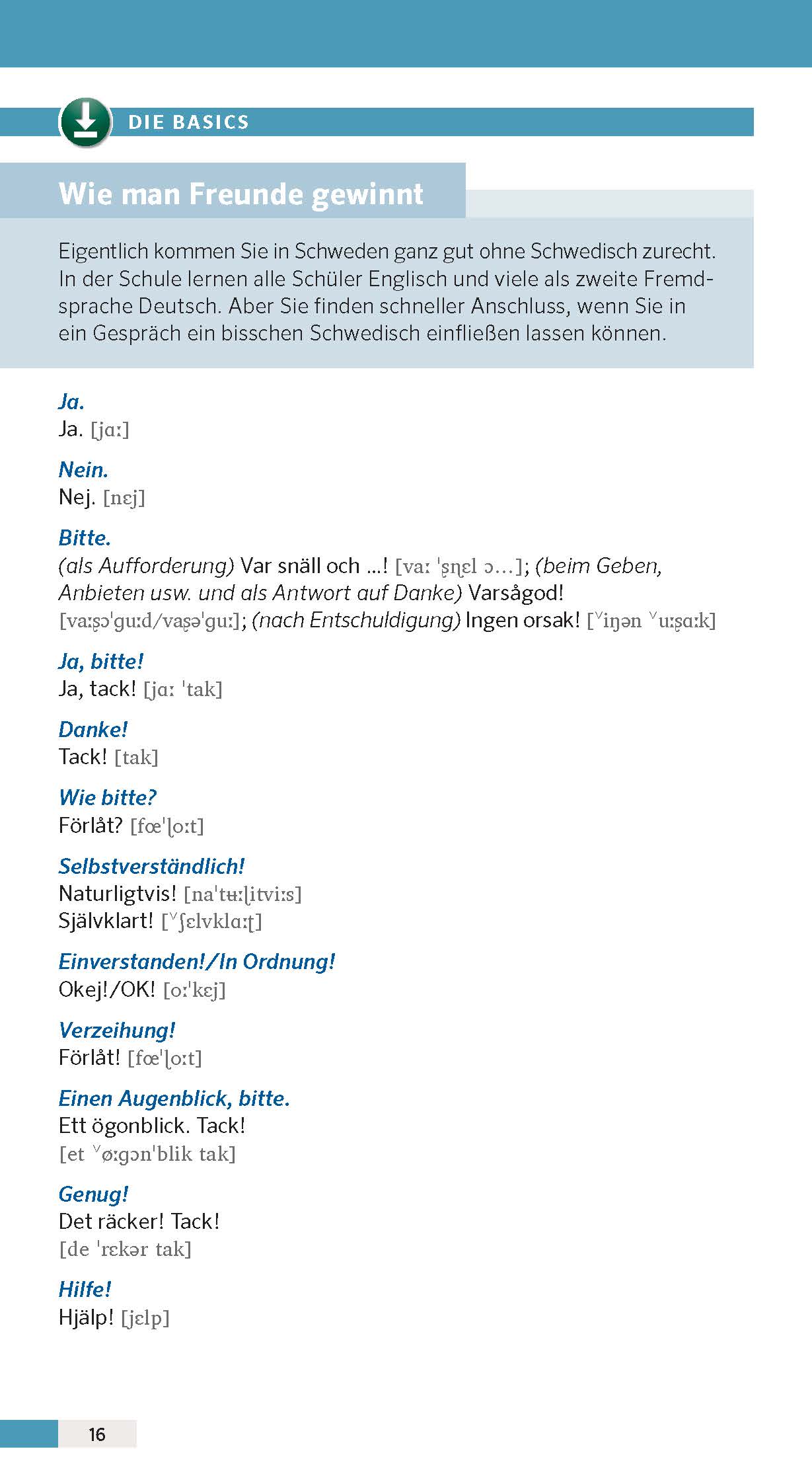Ein deutschsprachiger Leitfaden mit schwedischen Redewendungen mit Aussprache und Übersetzung, der sich auf Höflichkeitsfloskeln wie Ja, Nein, Bitte und Danke konzentriert, um Freunde zu finden.