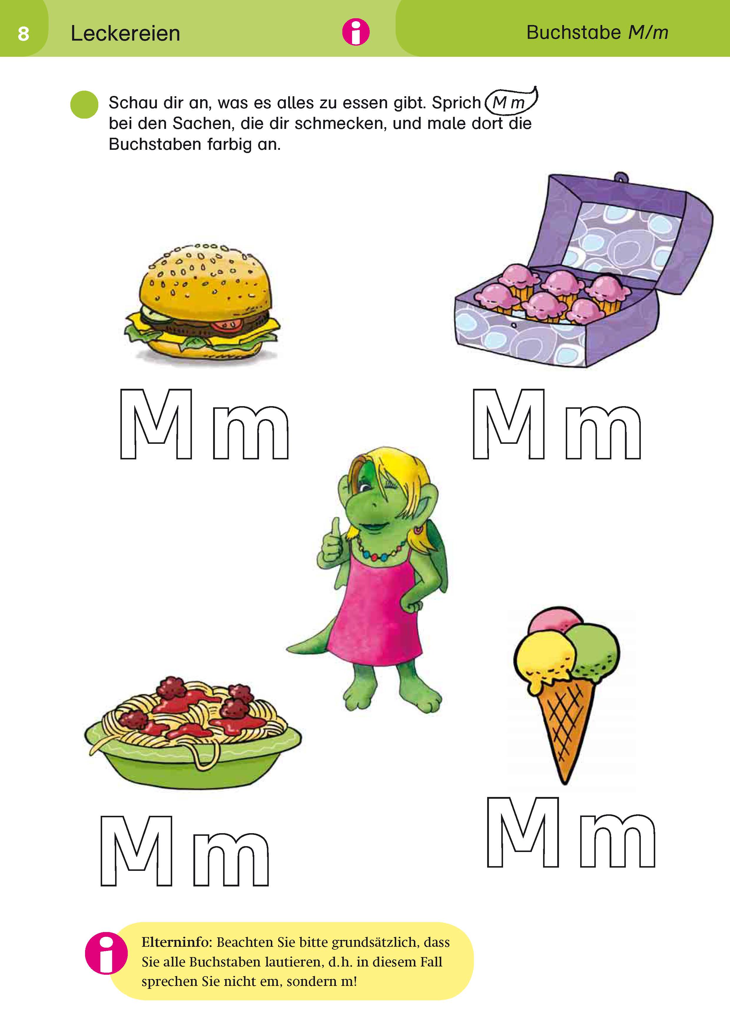 Eine Seite zeigt Bilder von einem Burger, einer Schachtel Macarons, Spaghetti, einem grünen Zeichentrickdrachen und zwei Eiscremes, die jeweils mit einem großen oder kleinen M oder m beschriftet sind.