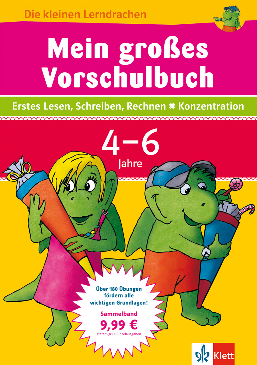Das Titelbild von Mein großes Vorschulbuch zeigt zwei grüne Zeichentrickdrachen, die Schulsachen in der Hand halten. Das Buch richtet sich an Kinder im Alter von 4 bis 6 Jahren und ist für frühzeitige Lernaktivitäten gedacht.