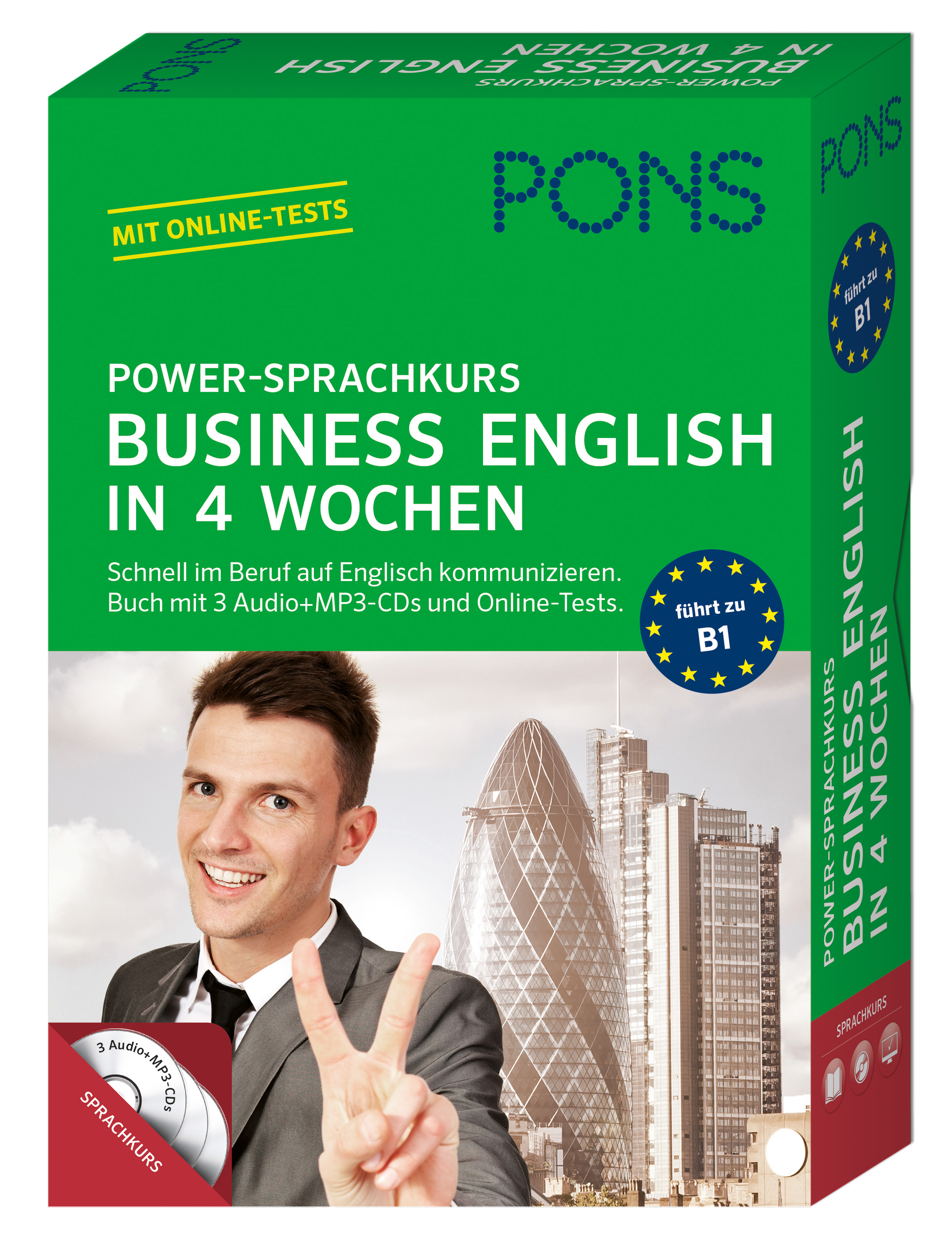 Die grüne PONS-Box für Business English in 4 Weeks zeigt einen lächelnden Mann im Anzug, städtische Gebäude und einen Text, der für Audio-CDs und Online-Tests für Englischlernende wirbt.