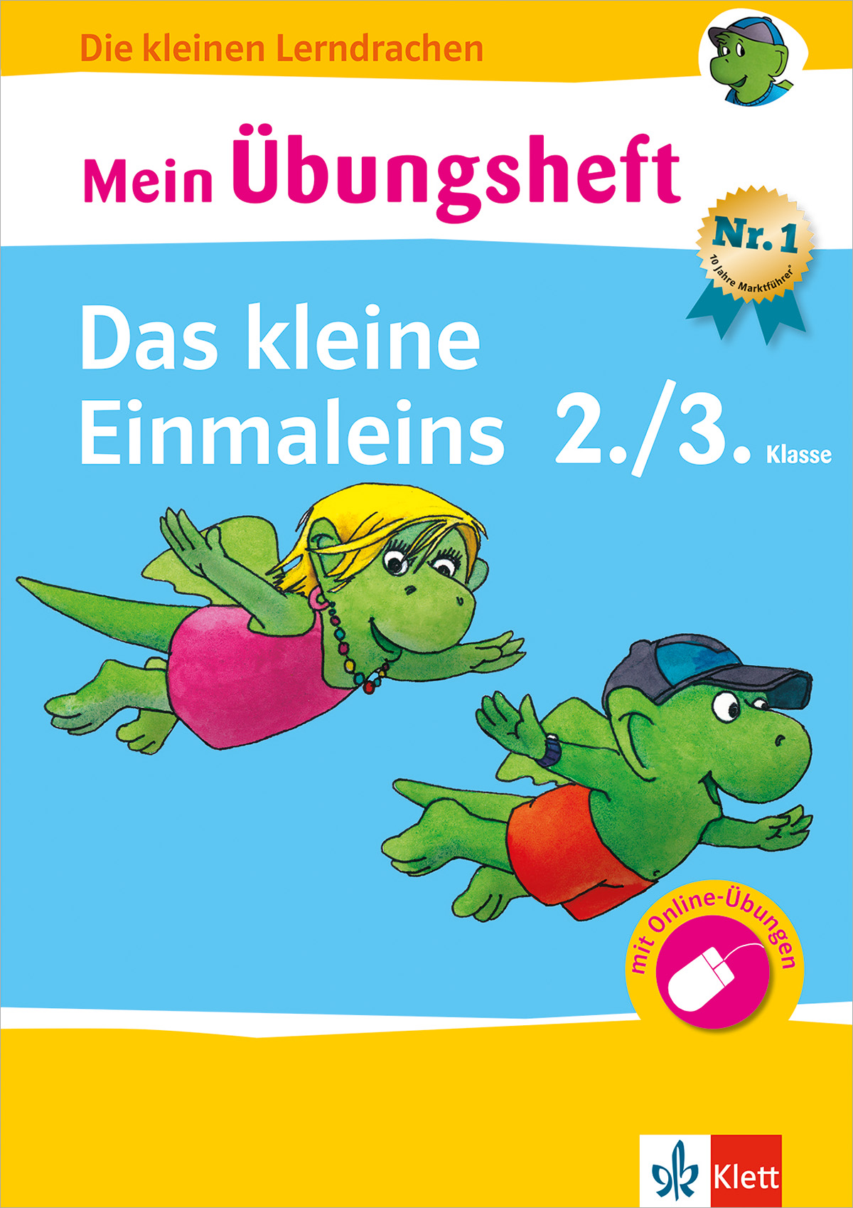 Zwei Cartoon-Drachen, einer in einem rosa Badeanzug und einer in roten Shorts mit einer Mütze, schwimmen auf dem Cover eines deutschen Mathe-Heftes für die 2.