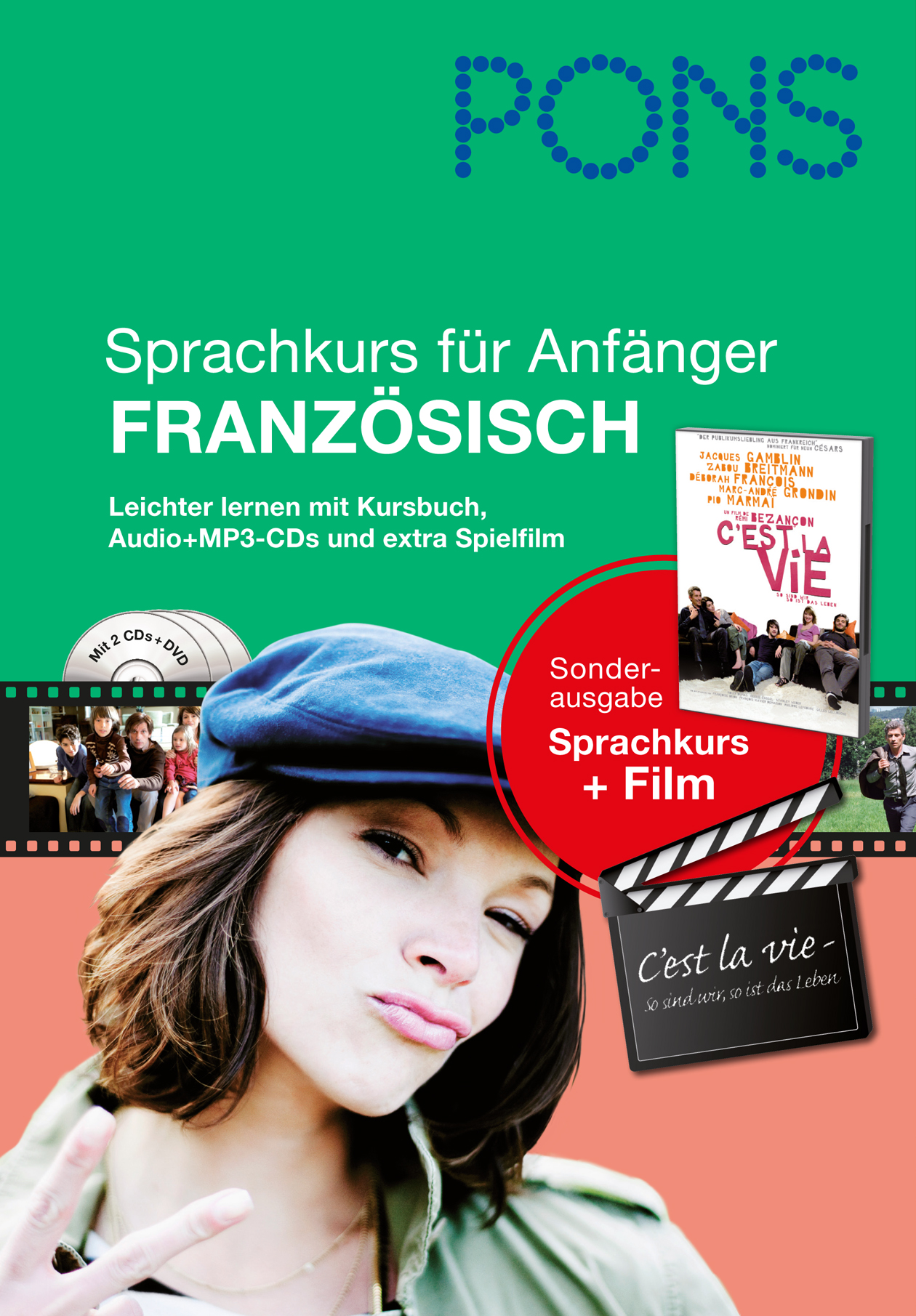Umschlag eines Deutsch-Französischkurses für Anfänger mit einer Frau, die ein Friedenszeichen macht, und Werbung für eine Sonderausgabe mit einem Kursbuch, CDs und einem Film mit dem Titel Cest la vie.