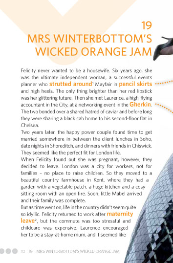 Eine Seite aus einem Buch mit Kapitel 19 mit dem Titel Mrs Winterbottoms Wicked Orange Jam, mit einem Teilbild eines Vogels und hervorgehobenem Text in Orange.