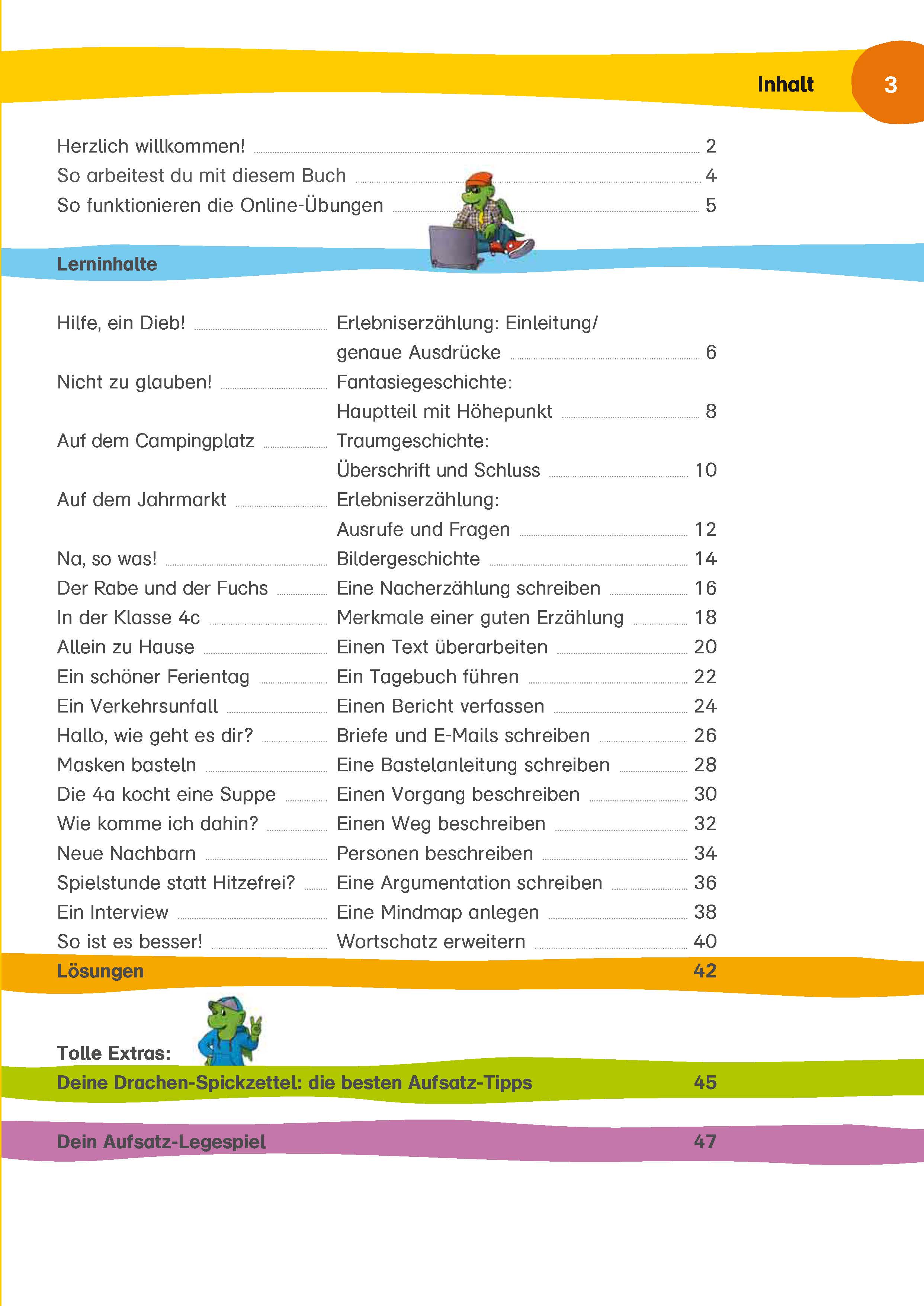 Inhaltsverzeichnis in deutscher Sprache mit farbigen Abschnittsüberschriften, Lektionstiteln und entsprechenden Seitenzahlen in einem zweispaltigen Layout.
