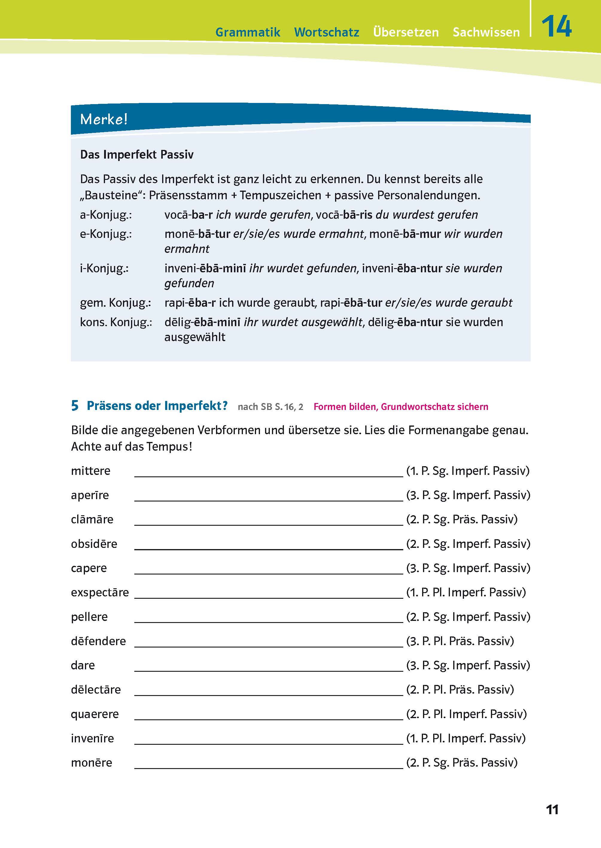 Eine Seite aus dem Lehrbuch der deutschen Sprache, die das imperfekte Passiv erklärt, mit Tabellen und Übungen zur Konjugation der Verben.