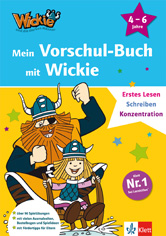 Buntes Buchcover mit Cartoon-Wikingerfiguren, einem Erwachsenen und einem Kind, mit dem Titel Mein Vorschul-Buch mit Wickie für Kinder von 4-6 Jahren.