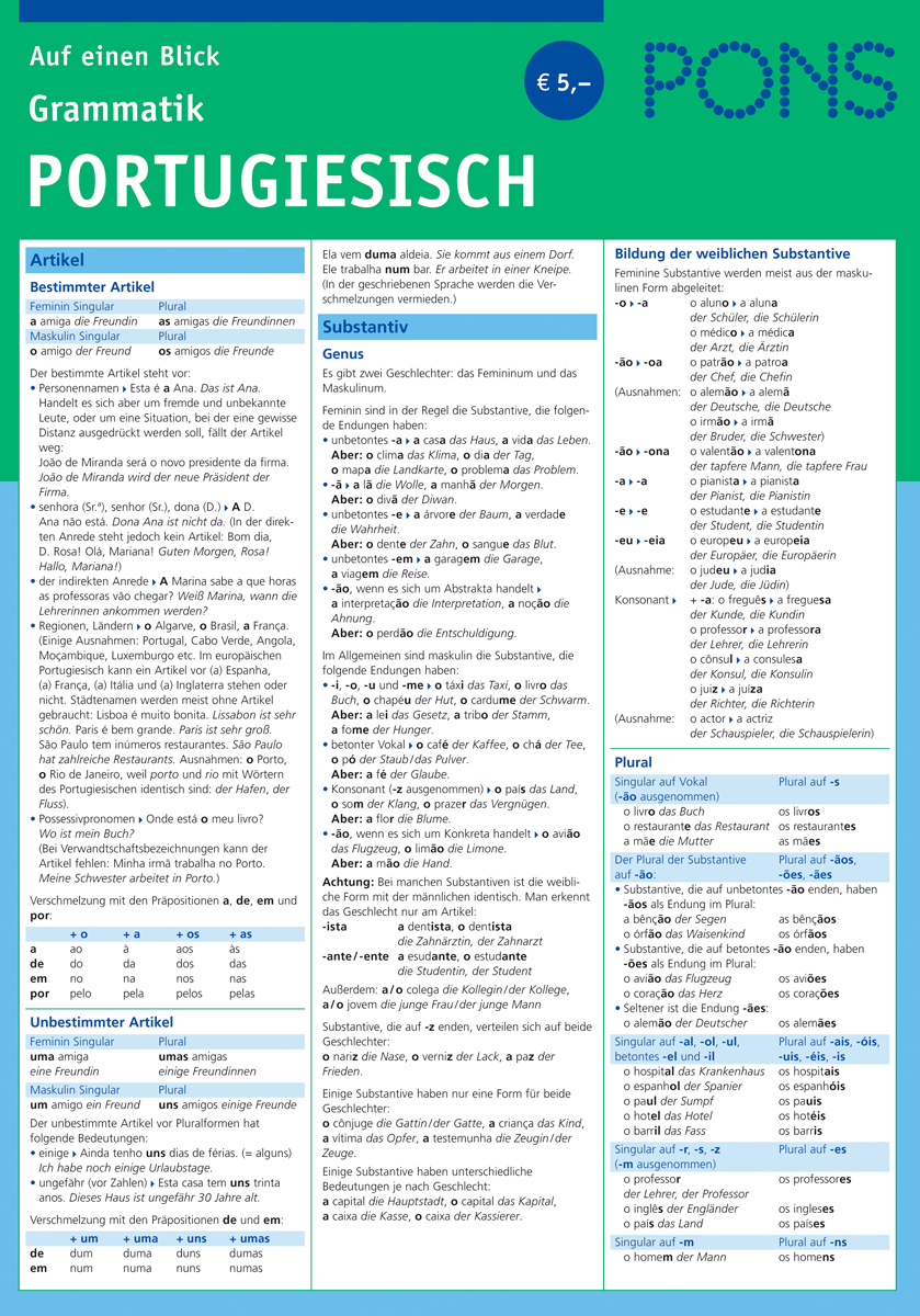 PONS Grammatik Portugiesisch auf einen Blick Eine deutschsprachige Grammatiktabelle für Portugiesisch mit Regeln und Beispielen zu Artikeln, Geschlecht, Substantivbildung und Pluralisierung, gegliedert in blaue und weiße Abschnitte.