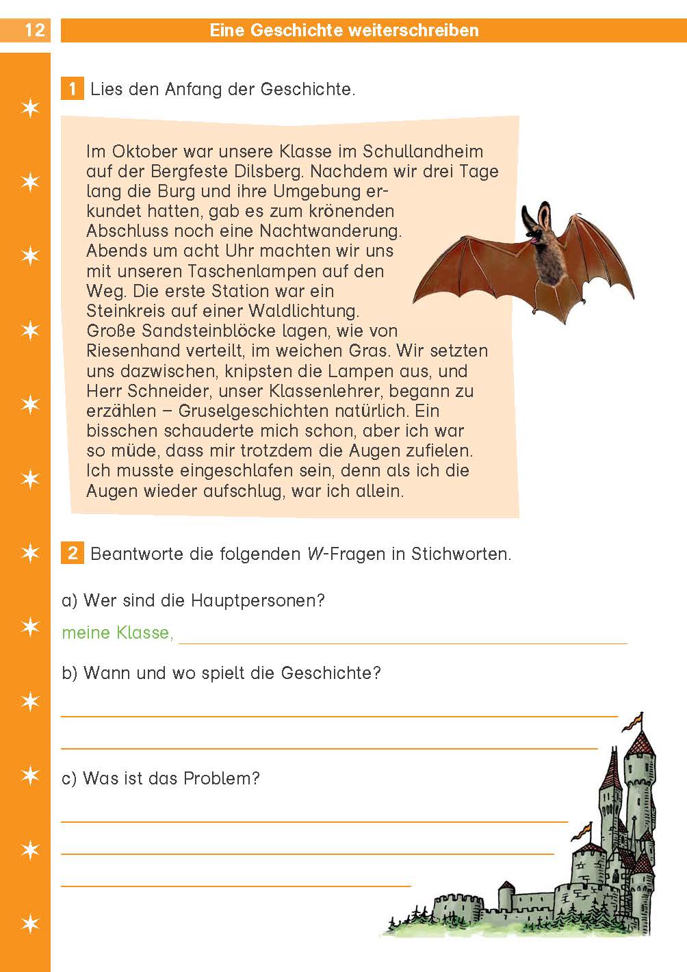 Eine deutsche Leseübungsseite mit orangen Hervorhebungen, eine Geschichte über einen nächtlichen Ausflug, eine Fledermausillustration und Verständnisfragen mit handgeschriebenen grünen Antworten.