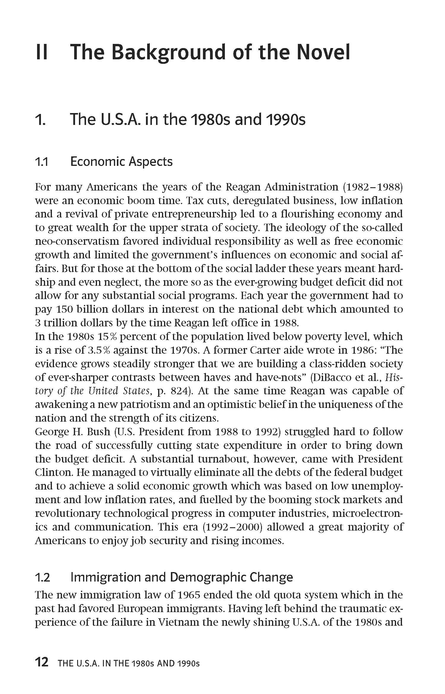 Auf einer Lehrbuchseite mit dem Titel Der Hintergrund des Romans werden die wirtschaftlichen und demografischen Aspekte der USA in den 1980er und 1990er Jahren erörtert, wobei auf die Reaganomics und die sozialen Veränderungen Bezug genommen wird.