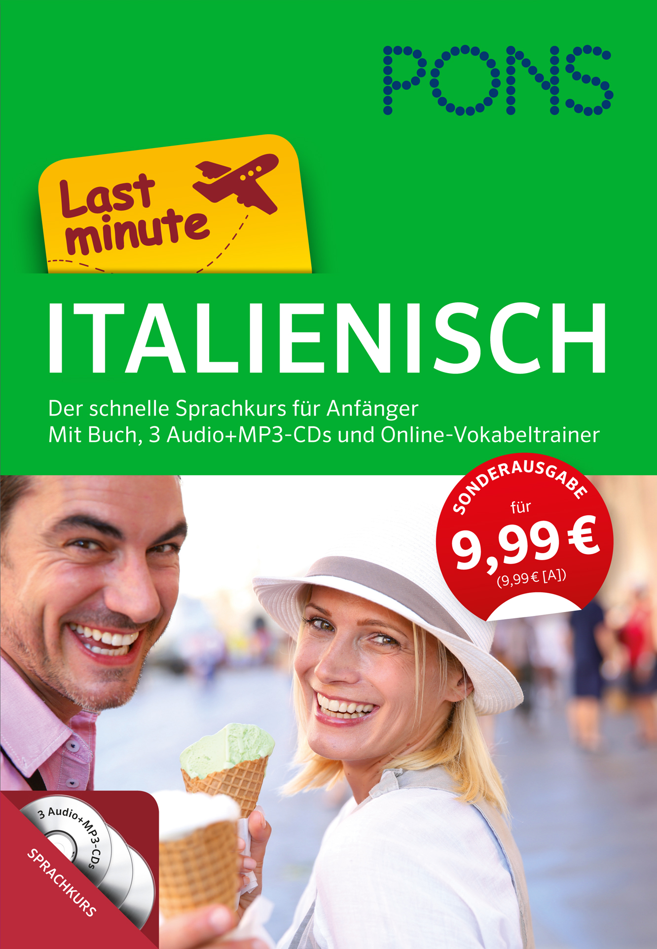 Cover eines PONS-Sprachkursbuchs mit dem Titel Last minute Italienisch, das einen lächelnden Mann und eine lächelnde Frau im Freien zeigt, mit Angaben zum Kurs und einem Sonderangebotspreis von 9,99 €.