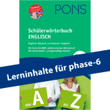 Umschlag eines PONS Schülerwörterbuchs Englisch mit Angaben zu den Wörterbüchern Deutsch-Deutsch und Deutsch-Englisch und einem blauen Banner mit der Aufschrift Lerninhalte für phase-6.