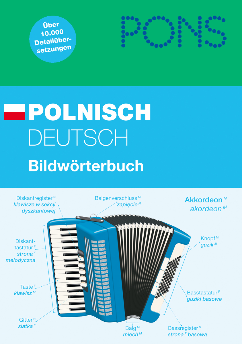 Umschlag eines polnisch-deutschen Bildwörterbuchs von PONS mit einer Ziehharmonika-Illustration mit beschrifteten Teilen in beiden Sprachen.