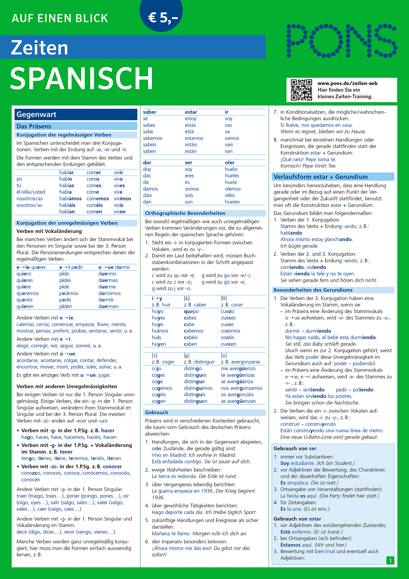 Eine deutschsprachige Referenztabelle mit dem Titel PONS Zeiten Spanisch, die spanische Verbformen, Konjugationen und Grammatikregeln in strukturierten Tabellen und Aufzählungspunkten zusammenfasst.