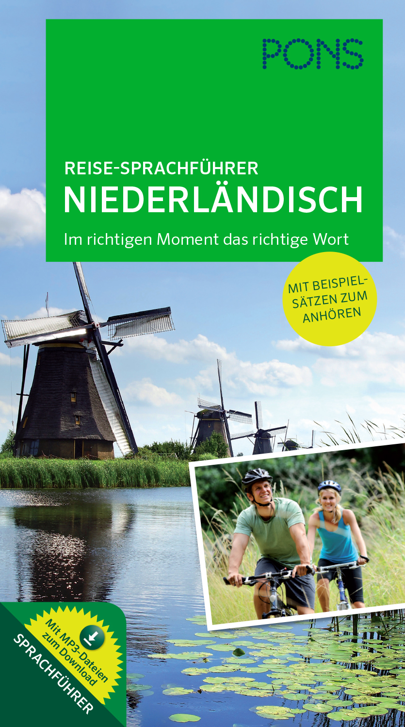 Titelblatt eines Reiseführers in niederländischer Sprache mit Windmühlen an einer Wasserstraße, blauem Himmel und einem kleinen Foto von zwei Radfahrern im Hintergrund.
