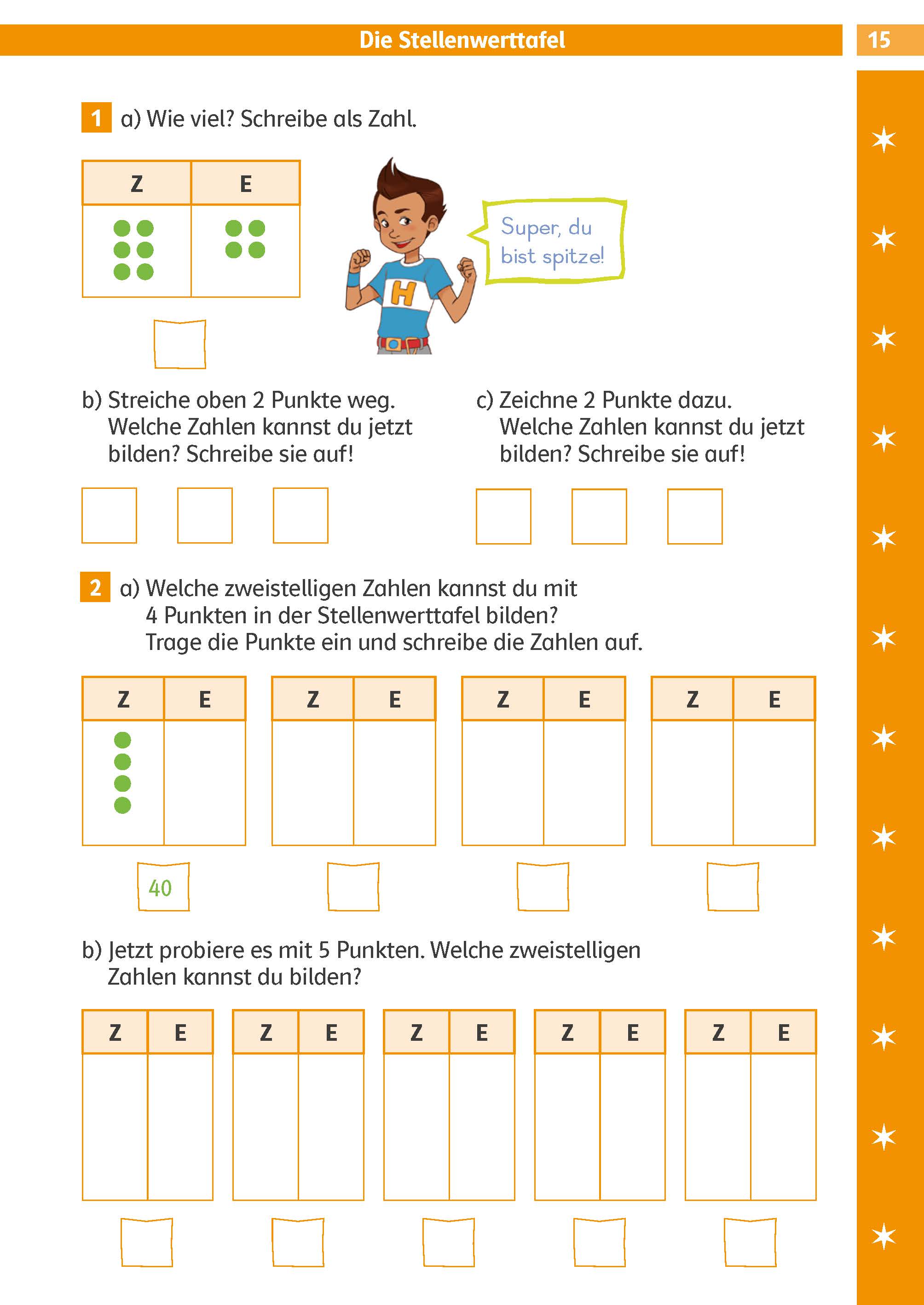 Ein deutsches Mathe-Arbeitsblatt mit visuellen Übungen zum Stellenwert mit Punkten in Kästchen, einem Cartoon-Kind und einer Anleitung zum Erstellen von Zahlen mit Punkten.