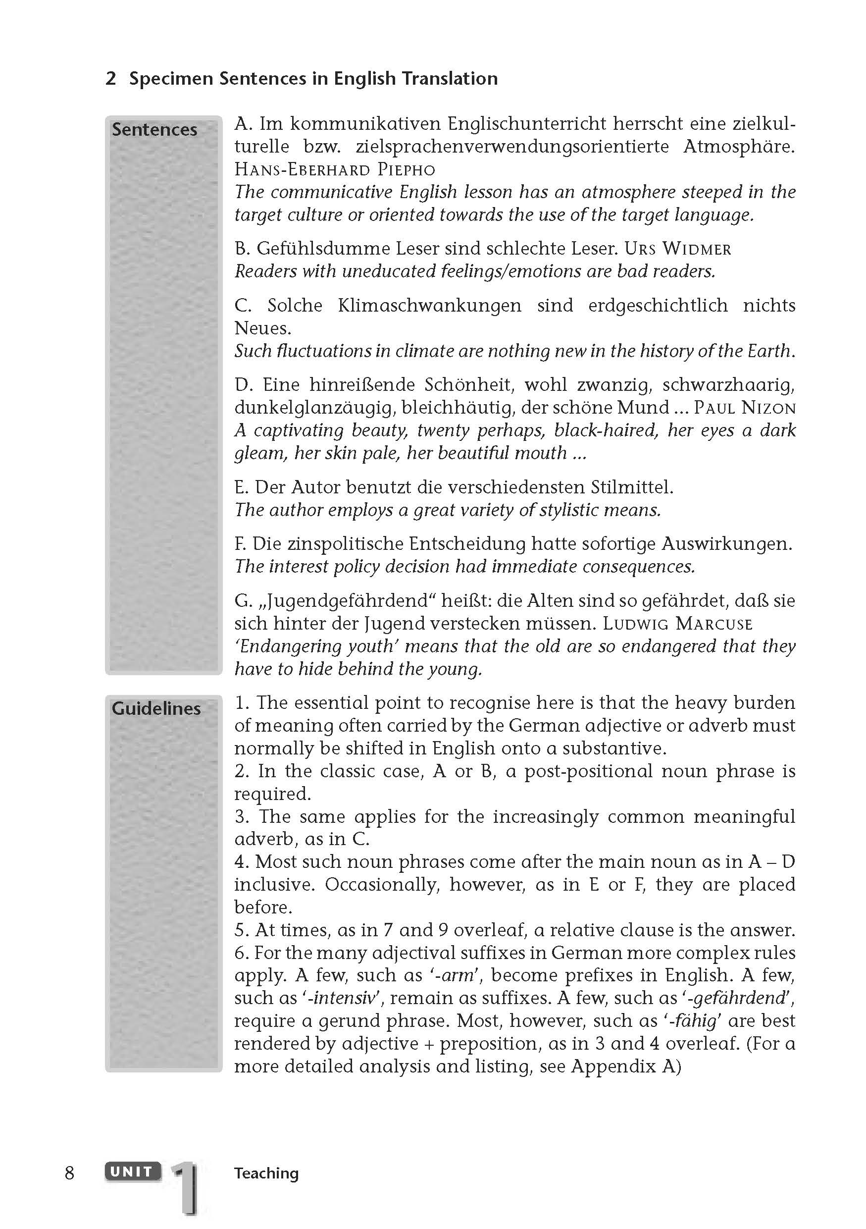 Eine Lehrbuchseite mit englischen Beispielübersetzungen von deutschen Sätzen über Klima und Lesegewohnheiten sowie Richtlinien zur Bewertung der Genauigkeit bei Übersetzungsübungen.