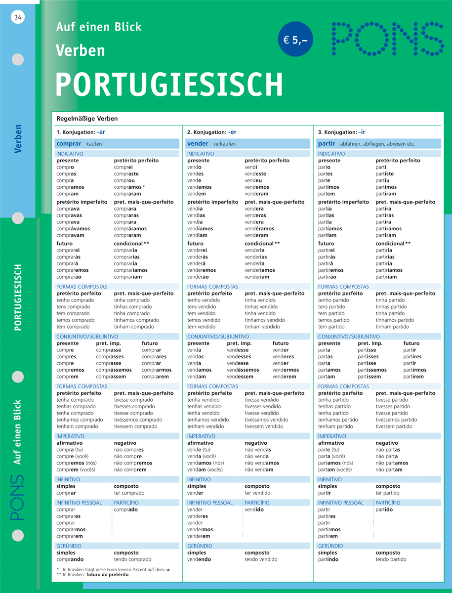 Eine deutschsprachige Tabelle listet portugiesische regelmäßige Verben in drei Konjugationen auf und zeigt Formen für verschiedene Zeitformen und Stimmungen. Die Tabelle ist gegliedert und farblich gekennzeichnet.