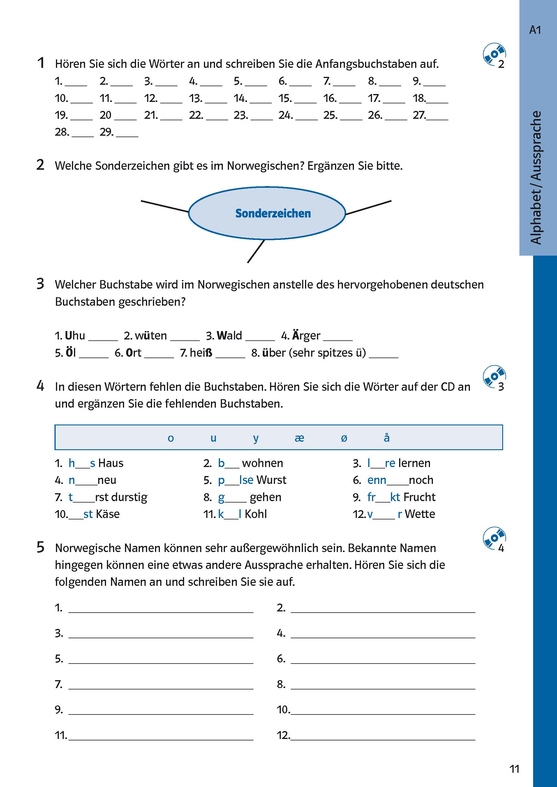 Ein Arbeitsblatt für die deutsche Sprache mit fünf Übungen zum norwegischen Alphabet, einschließlich Lückentext und Hörverständnisaufgaben. Blaue Akzente heben Überschriften und Anweisungen hervor.