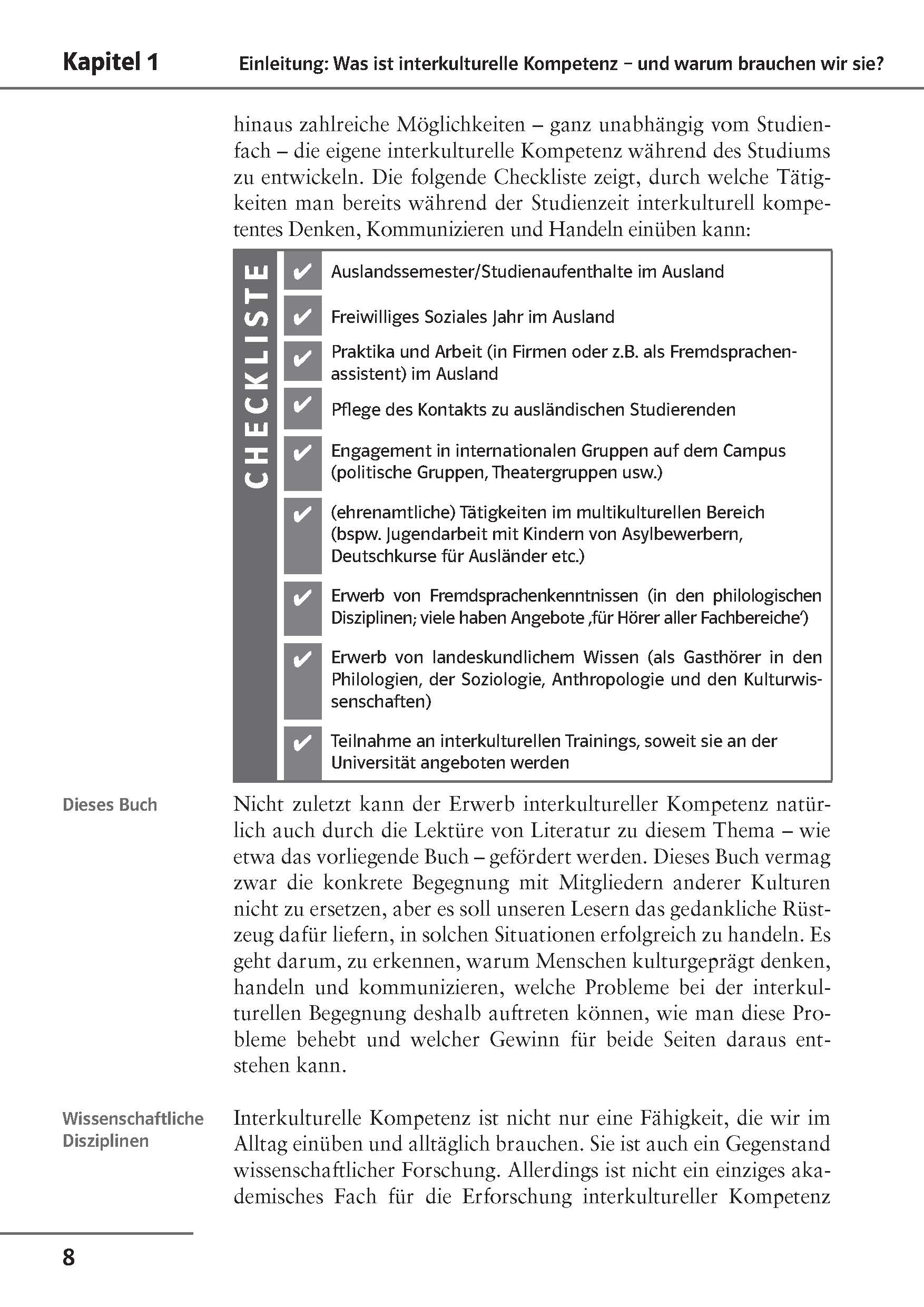 Eine Checkliste in deutscher Sprache zeigt Möglichkeiten auf, wie man interkulturelle Kompetenz entwickeln kann, z. B. durch Studienaufenthalte im Ausland, Praktika, soziale Dienste und den Kontakt mit internationalen Studierenden.