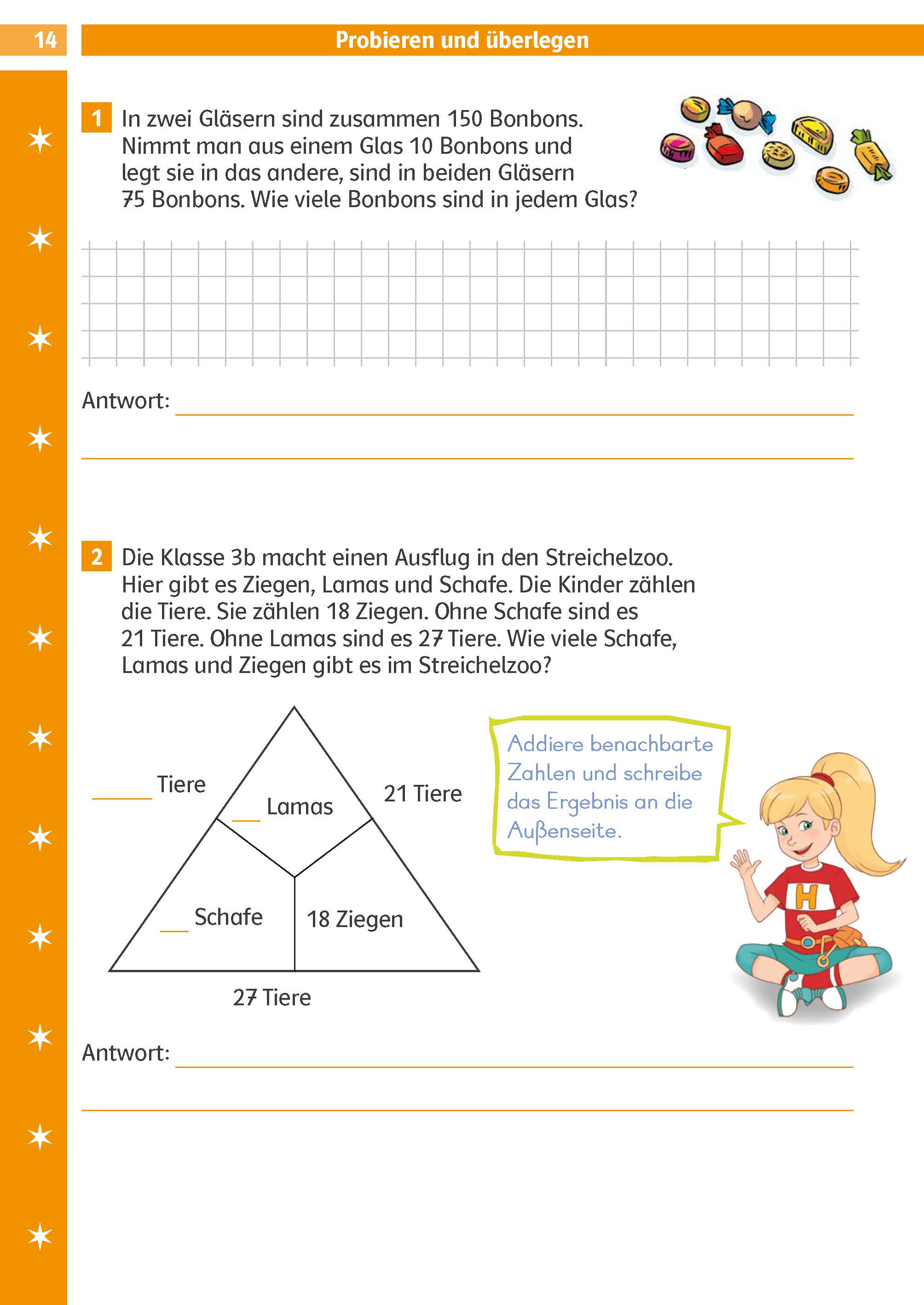 Eine deutsche Mathe-Arbeitsmappe mit zwei Wortaufgaben, einem Diagramm von Tieren in einem Dreieck, einem Cartoon-Mädchen und einer Anweisung, Zahlen entlang der Dreieckskanten zu addieren.