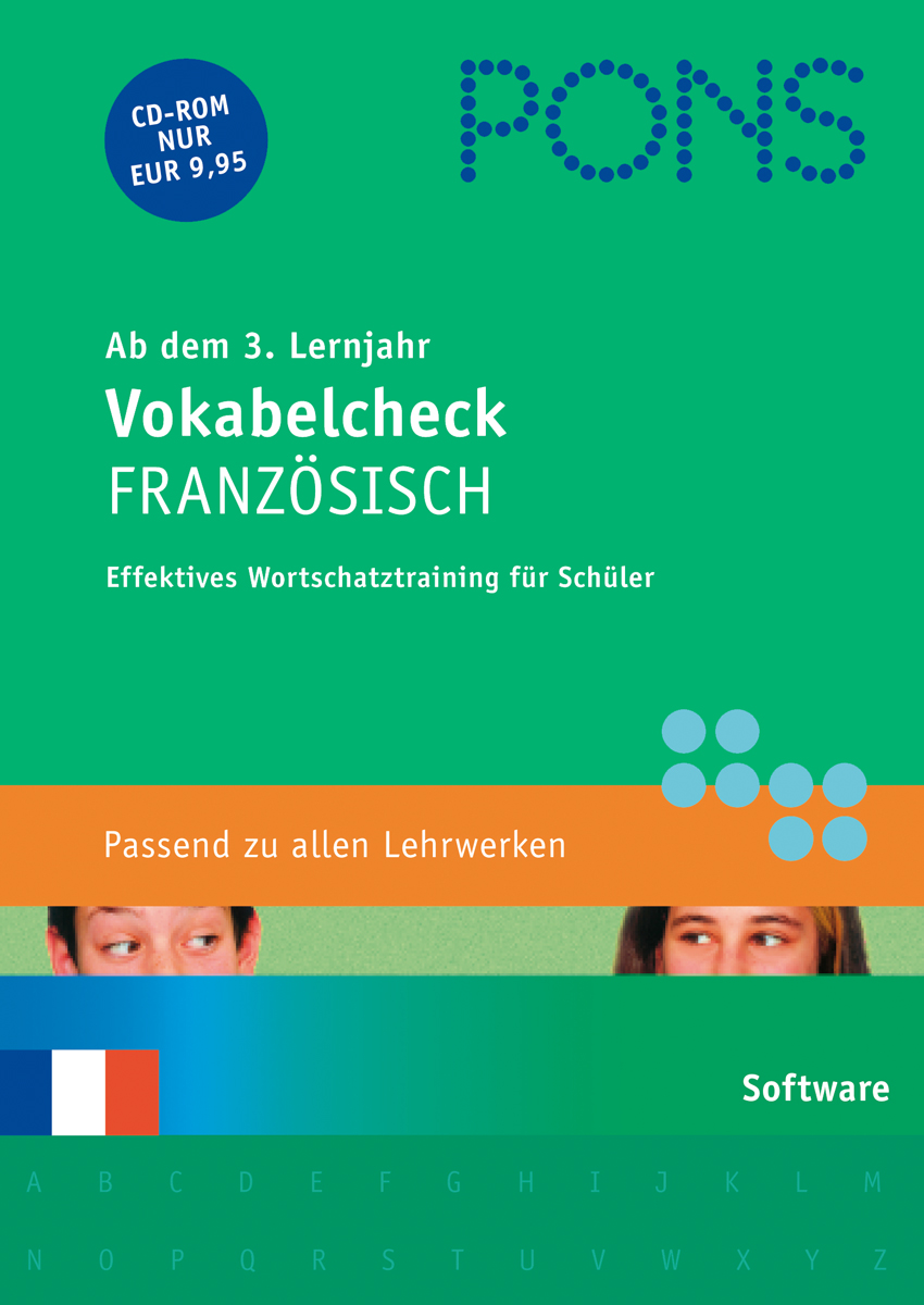 PONS Vokabelcheck zum PONS Schülerwörterbuch Französisch (3./4. Lernjahr) Umschlag eines deutschsprachigen Französisch-Vokabeltrainingsbuchs für Schüler mit bunten Gestaltungselementen, CD-ROM-Informationen und den Gesichtern zweier Kinder am unteren Rand.