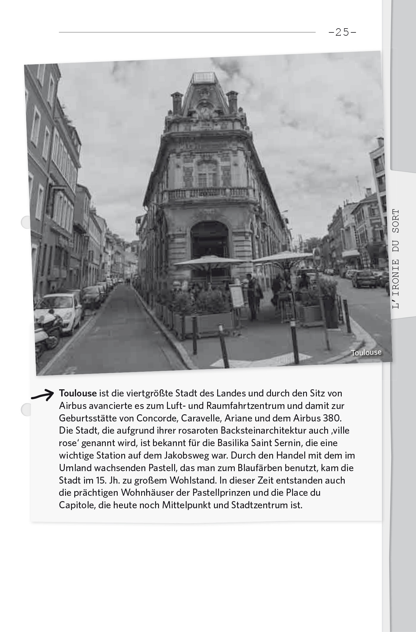 Eine Seite aus einem Reiseführer mit einem Schwarz-Weiß-Foto von Toulouse und einer deutschen Beschreibung der Geschichte, Architektur und Bedeutung der Stadt als Airbus-Standort.