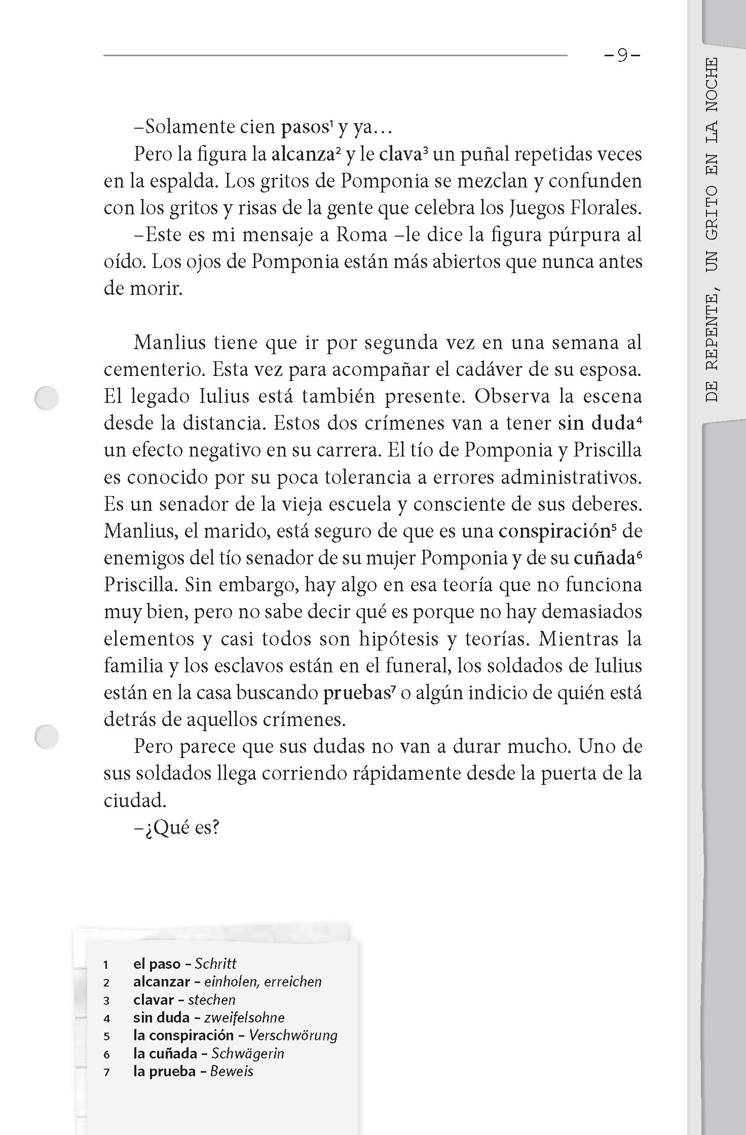 Eine Seite aus einem spanischen Buch mit einem Text, der eine Szene mit Figuren namens Manlius und Pomponia auf einem Friedhof beschreibt und sich auf die Trauer und das Vermächtnis von Julius bezieht.