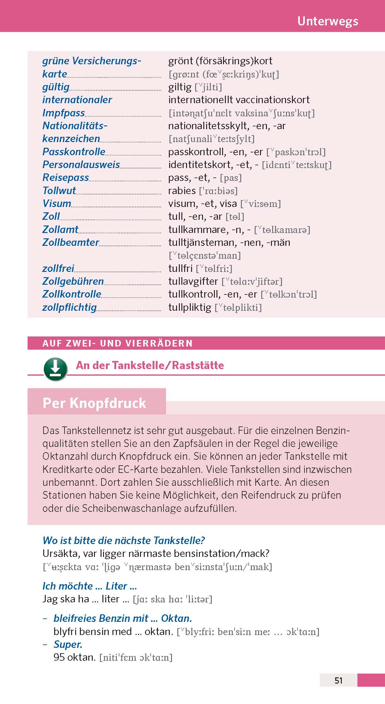 Eine deutsch-englische Vokabelliste zum Thema Reisen, mit Begriffen wie Versicherungskarte, Reisepass, Visum, Zoll und Maut, mit Aussprache und Übersetzung.