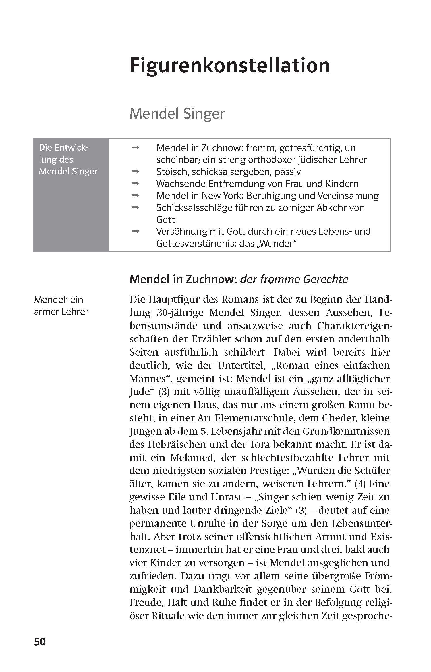Eine Lehrbuchseite in deutscher Sprache, die die Figur Mendel Singer aus einem literarischen Werk behandelt, mit einer Tabelle, die seine Entwicklung und Analyse in den folgenden Absätzen zusammenfasst.
