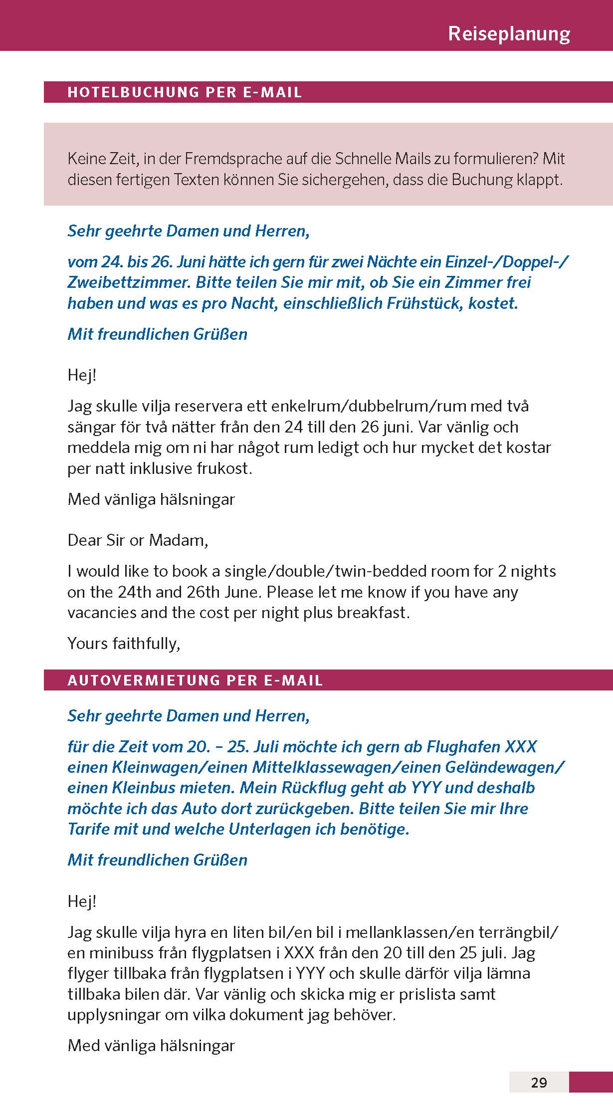 Eine deutsch- und schwedischsprachige E-Mail-Vorlage für die Reservierung eines Einzel- oder Doppelzimmers mit Frühstück, mit Anweisungen und Preisinformationen, die in einem Reiseführer enthalten sind.
