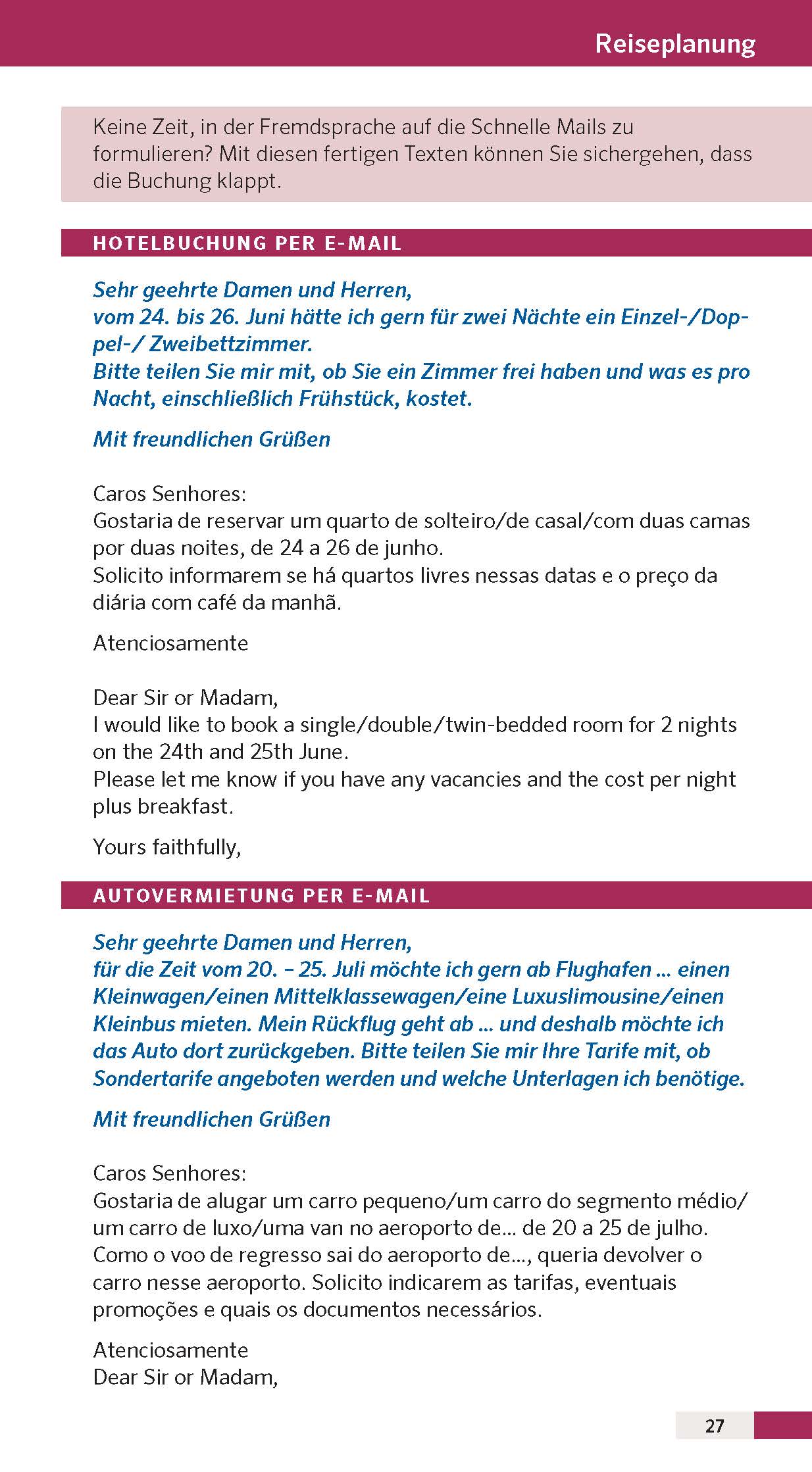 Eine Reiseführerseite zeigt Vorlagen für die Hotelbuchung per E-Mail auf Deutsch und Portugiesisch, zusammen mit entsprechenden Übersetzungen und Buchungstipps.