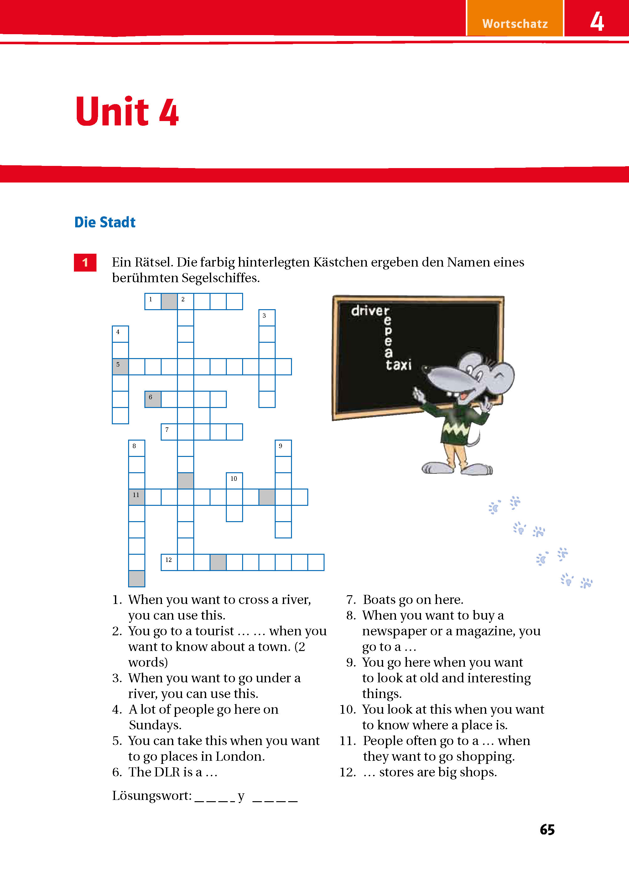 Ein Kreuzworträtsel über Stadtvokabeln auf Englisch mit Hinweisen und einer Cartoon-Maus, die ein Stück Käse hält, neben einem Schild mit der Aufschrift drive carefully.