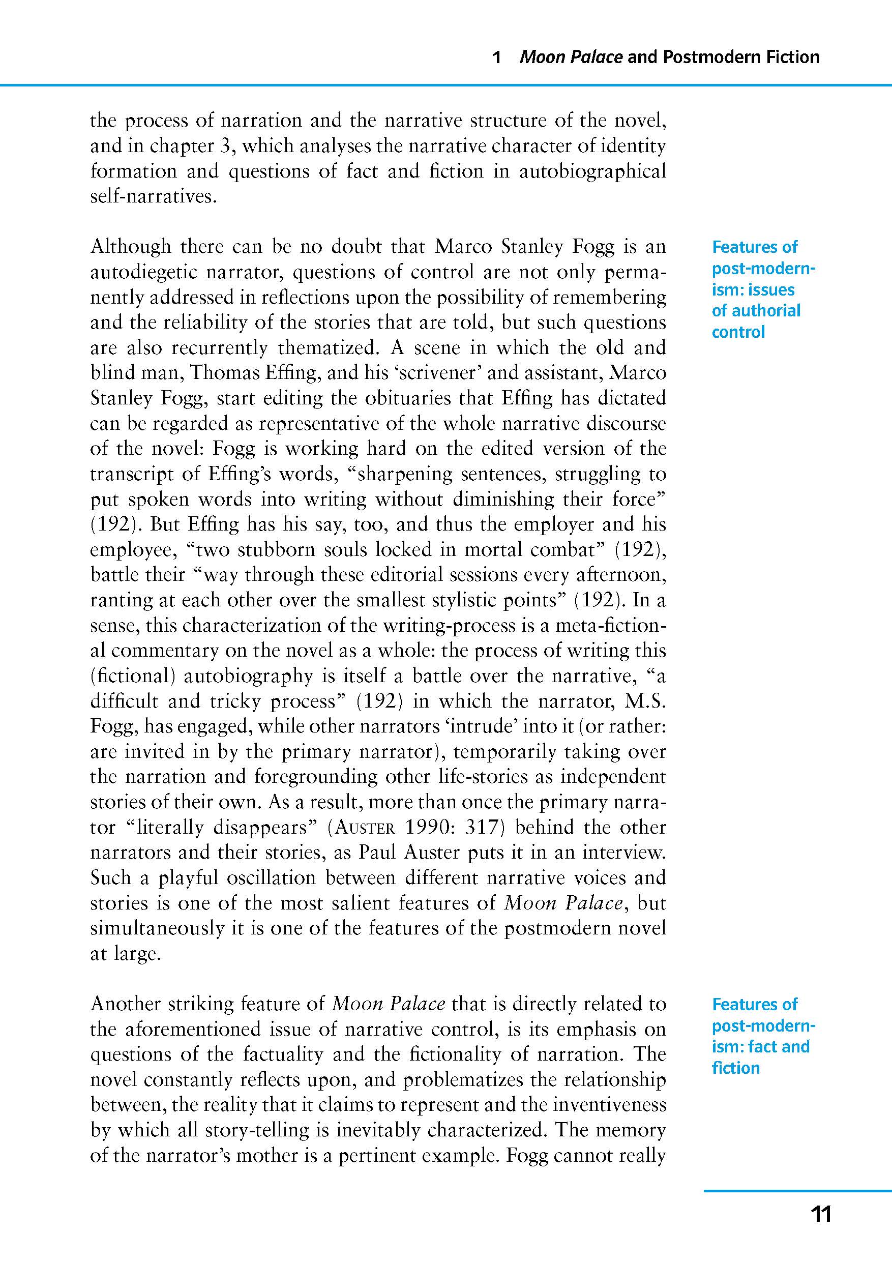 Eine Seite aus einem Buch, in dem das Konzept der Autorenkontrolle und Merkmale der Postmoderne erörtert werden, mit hervorgehobenen blauen Textfeldern am rechten Rand. Die Seitenzahl 11 befindet sich am unteren Rand.