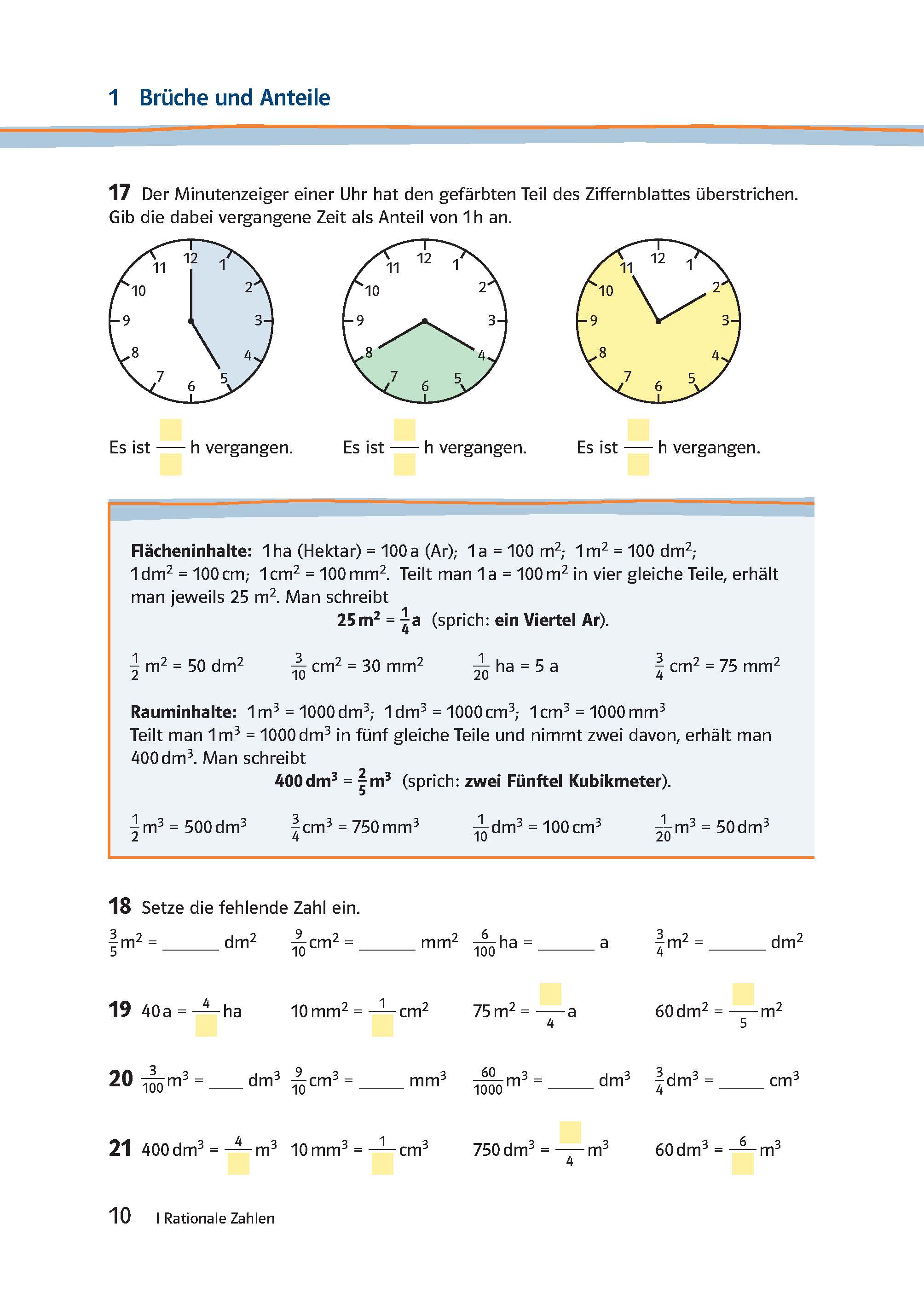 Eine Seite des Lehrbuchs zeigt farbige Ziffernblätter zur Veranschaulichung von Stundenbruchteilen, eine Tabelle mit Flächen- und Volumeneinheiten sowie Aufgaben mit freien Feldern für Antworten.