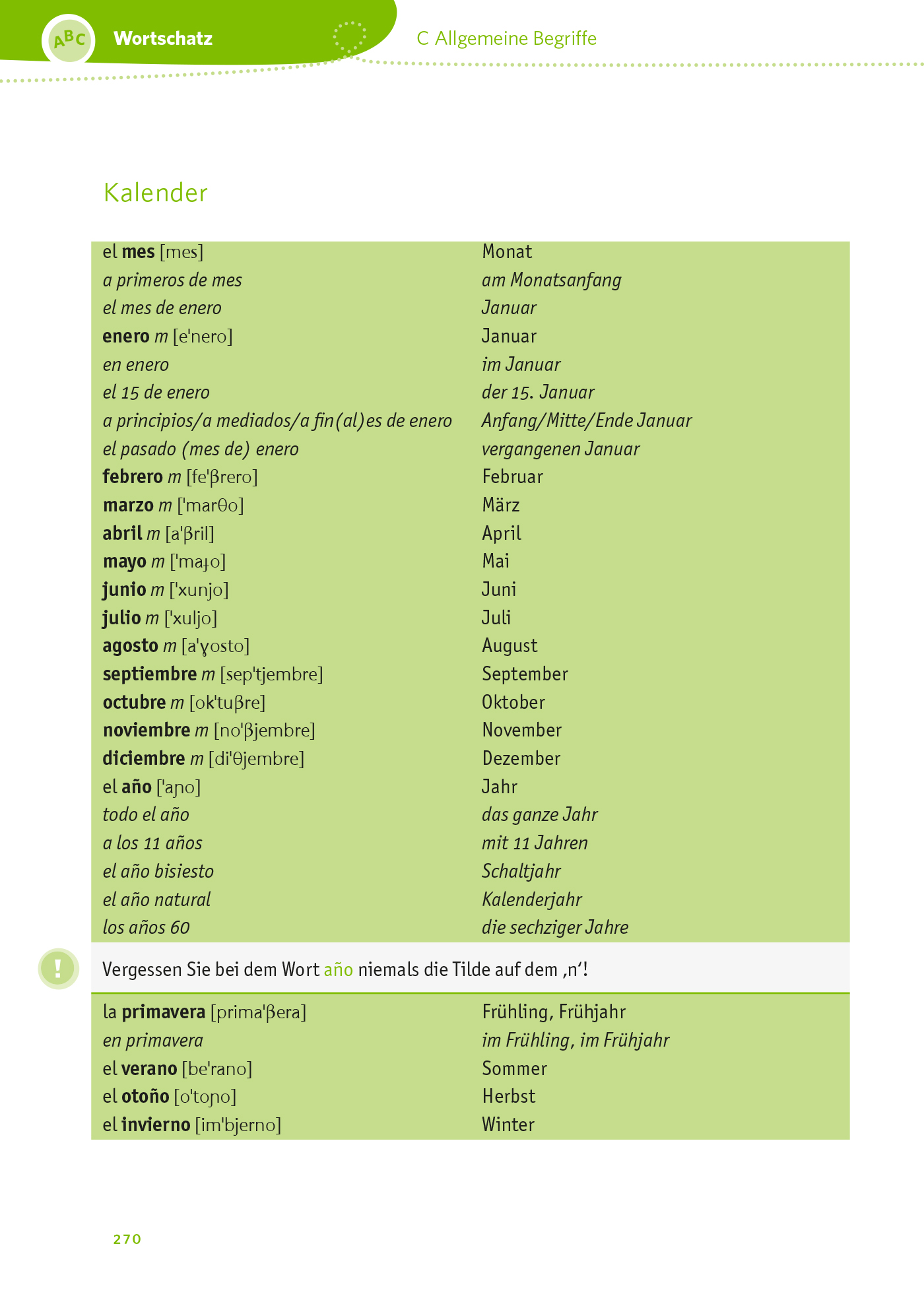 Eine zweisprachige deutsch-spanische Kalendervokabelliste mit Monaten, Zeitangaben und Beispielsätzen, geordnet in einer grün-weißen Tabelle.