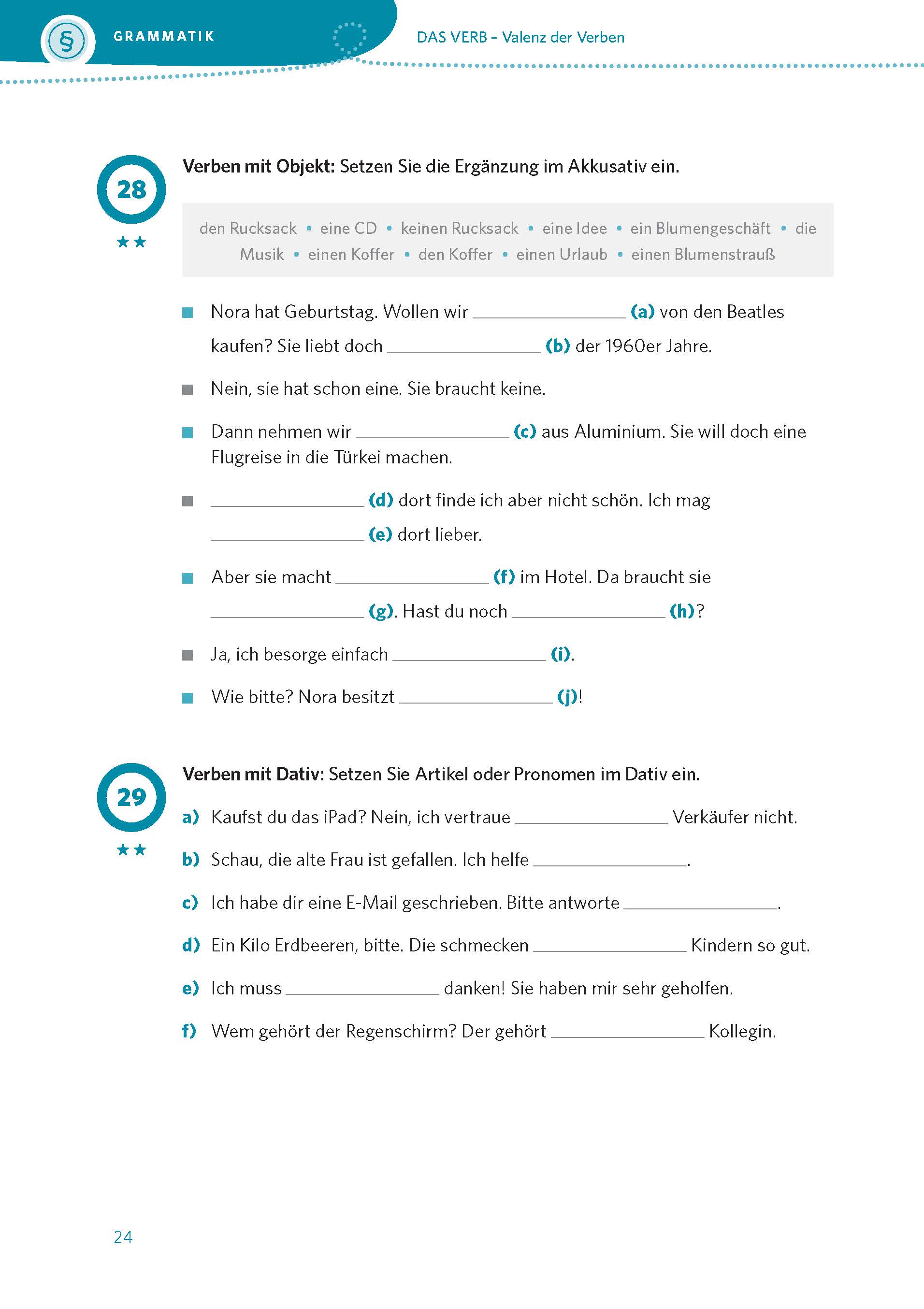 Eine deutsche Grammatik-Übungsseite mit Lückentexten zum Akkusativ, mit Sätzen, Multiple-Choice-Optionen und Leerstellen für die Antworten.