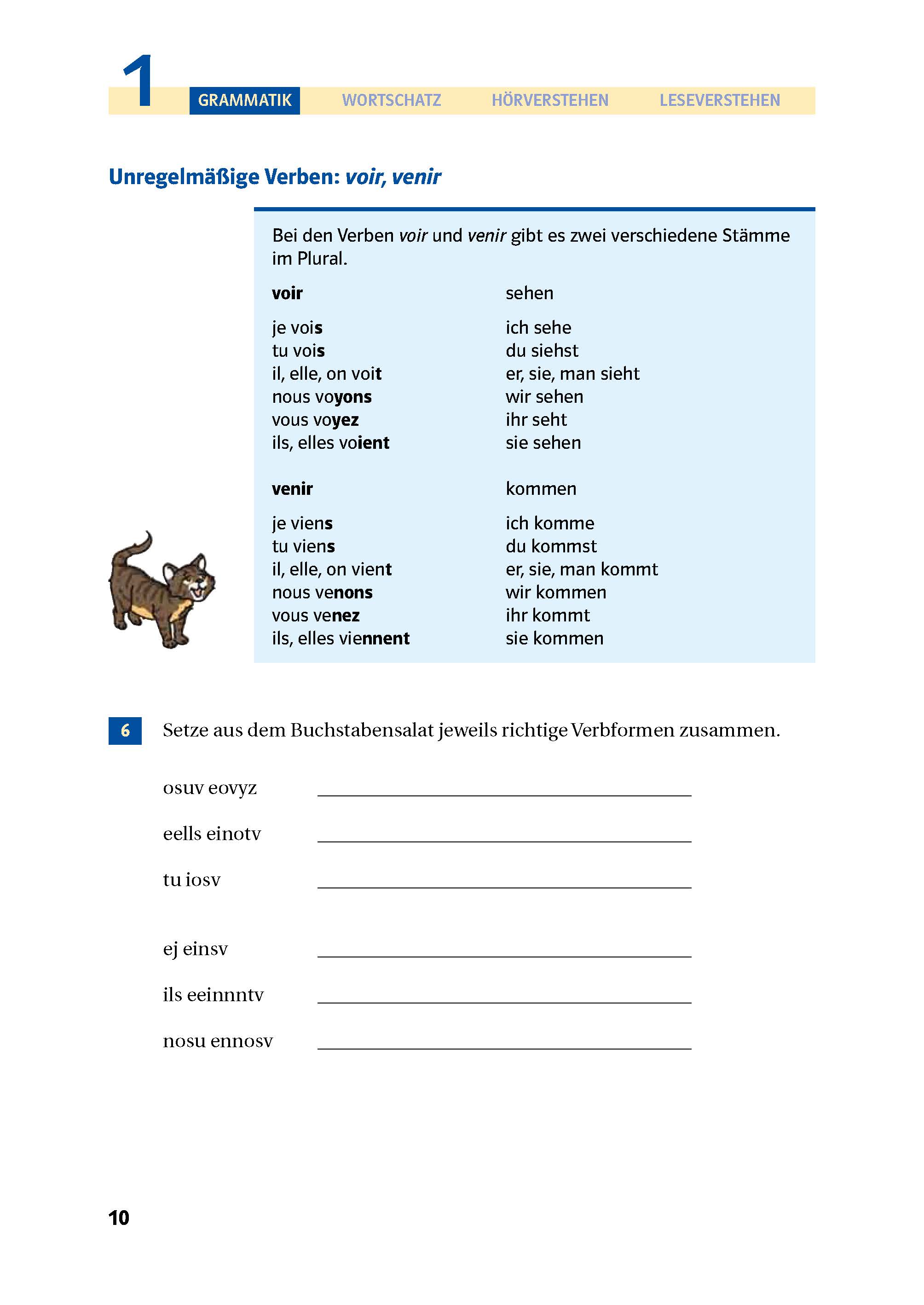 Eine deutsche Lehrbuchseite erklärt die unregelmäßigen französischen Verben voir und venir mit Konjugationstabellen und einer Übung, bei der verschlüsselte Buchstaben den richtigen Verbformen zugeordnet werden müssen. Eine kleine Zeichentrickk...