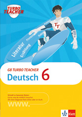 Buchumschlag für Turbo Teacher Deutsch 6 mit einem illustrierten Superhelden, der auf einem Buch surft, mit pädagogischen Begriffen auf Deutsch und dem Klett-Logo am unteren Rand.