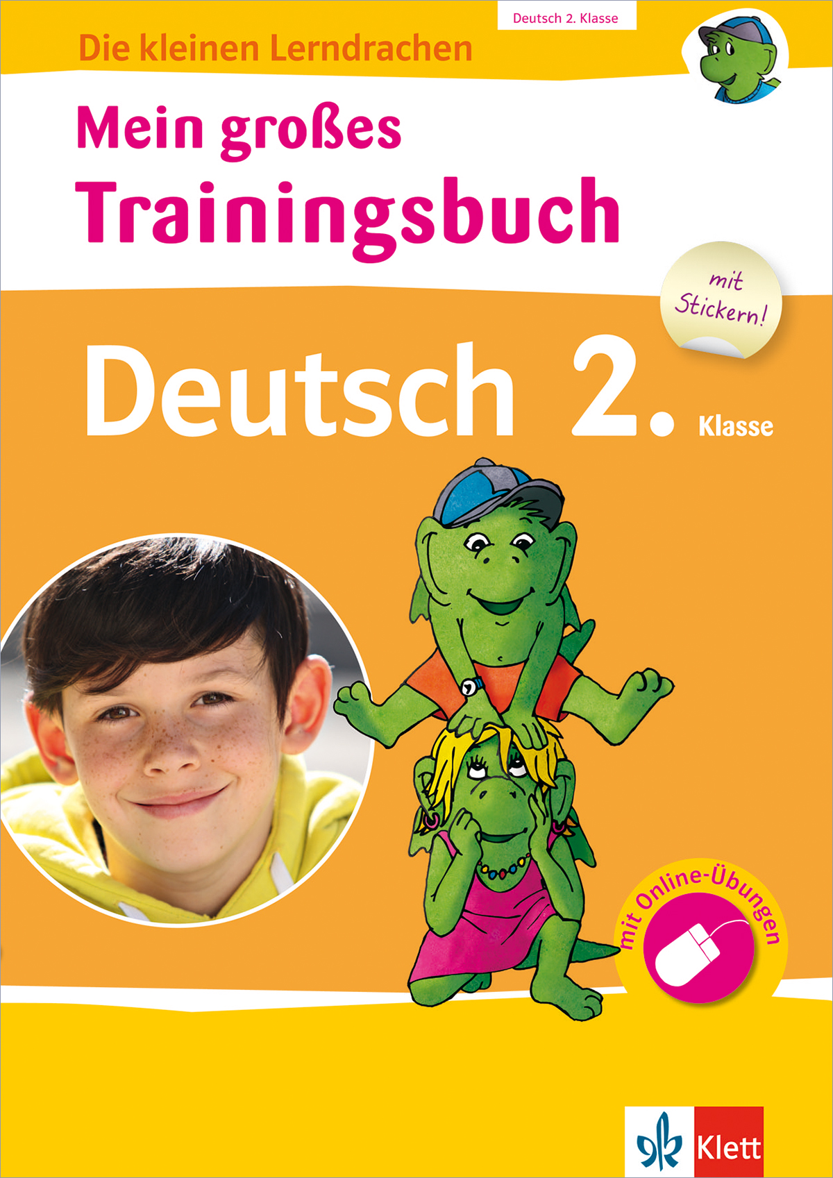 Umschlag eines Deutscharbeitsheftes für die 2. Klasse mit einem Jungenfoto, Zeichentrickdrachen und einem Text, der für Sticker und Online-Übungen wirbt.