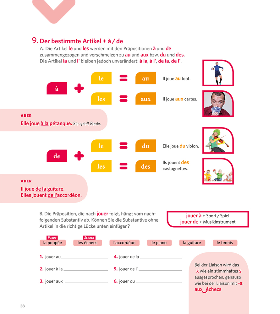 Eine Seite aus dem Deutschlehrbuch erklärt, wie man Artikel mit à und de für Musikinstrumente und Sport verwendet, mit Beispielsätzen, Illustrationen und hervorgehobenen Grammatikregeln.
