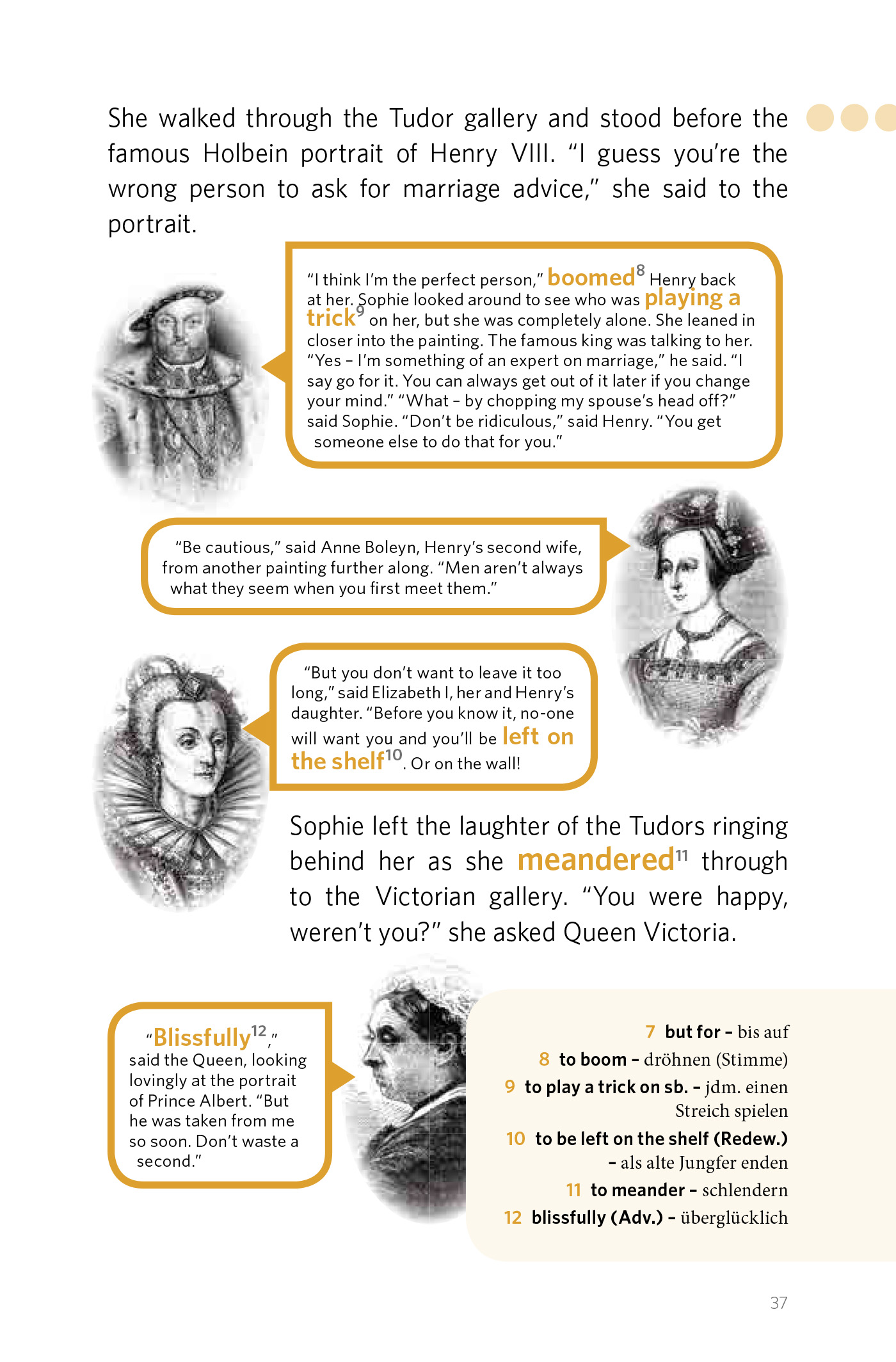 Eine Buchseite zeigt Zeichnungen historischer Frauen, Sprechblasen mit Zitaten und ein Glossar, das hervorgehobene Wörter wie boomed, trick, ringing true und blissfully erklärt.