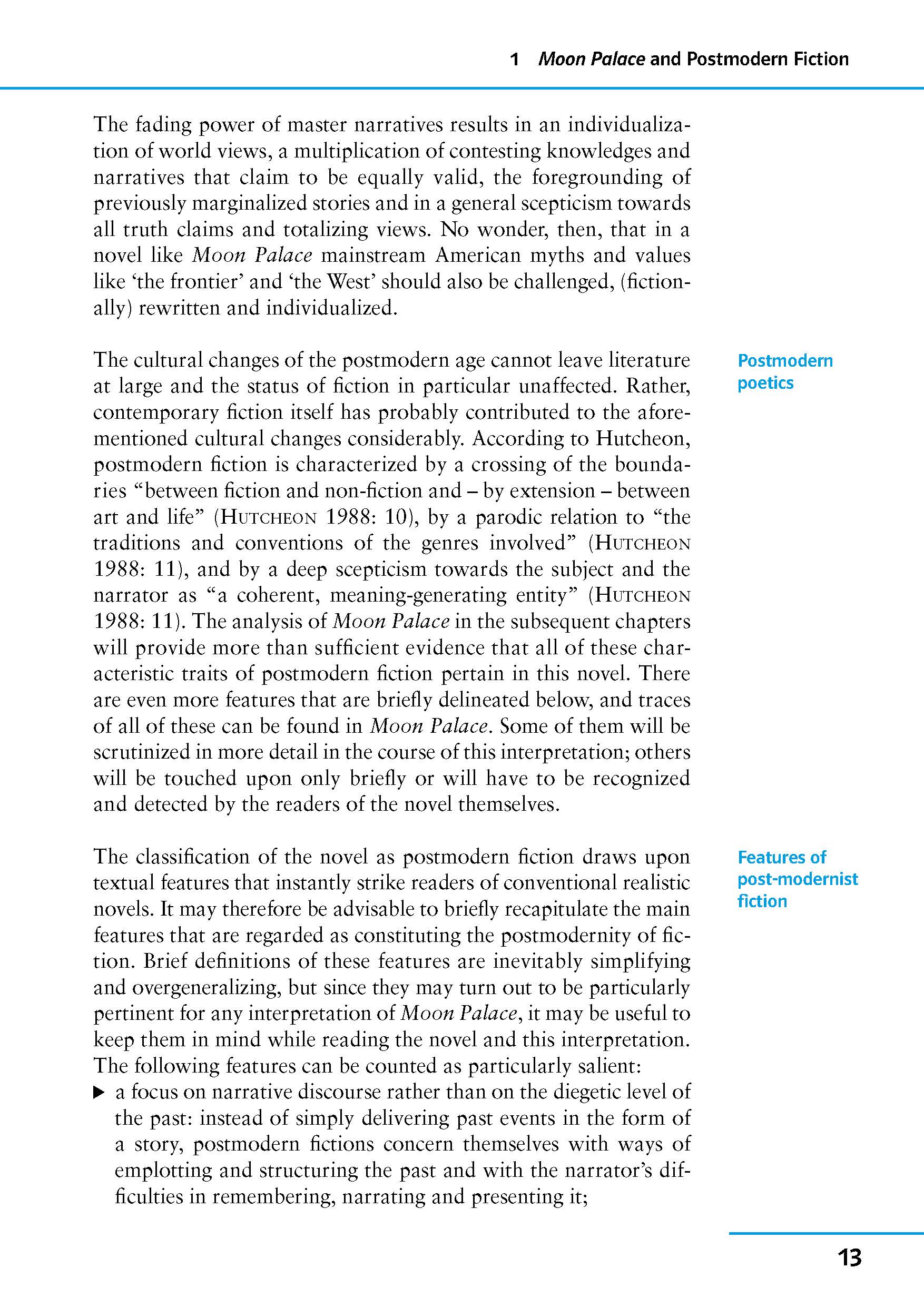 Auf einer Lehrbuchseite werden die postmoderne Poetik und die Merkmale der postmodernen Belletristik erörtert, mit hervorgehobenen Zitaten und blauen Seitenüberschriften. Die Seitenzahl 13 erscheint in der unteren rechten Ecke.